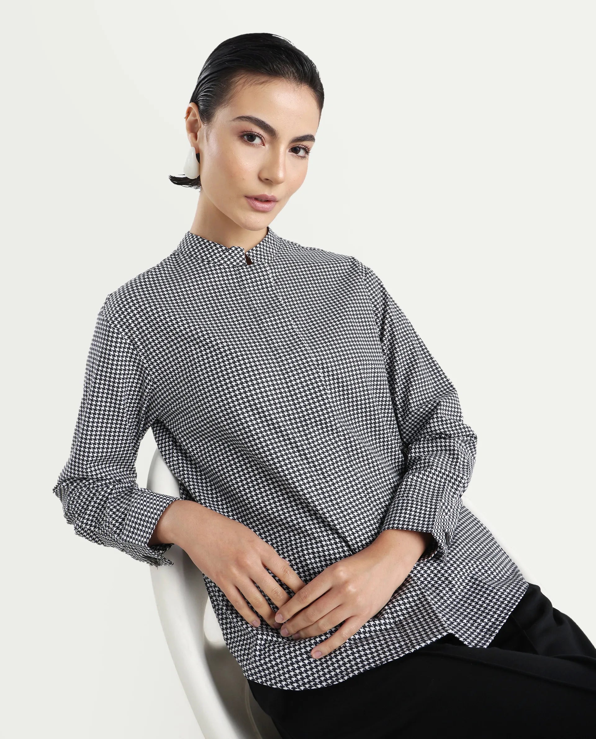 Rareism Women's Neumip Multi Cotton High Neck Houndstooth Print Regular Fit Top