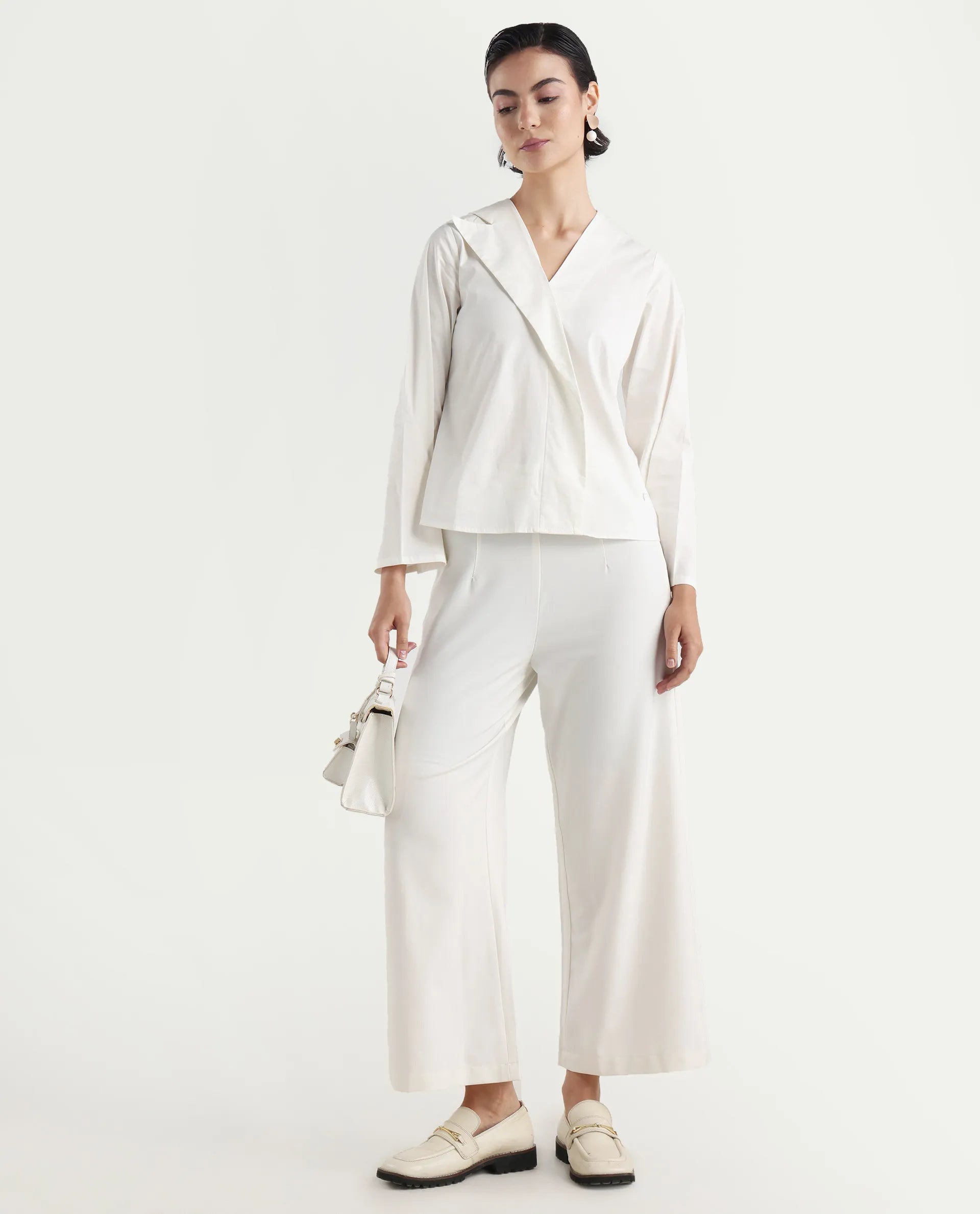 Rareism Women's Perdu White Cotton Blend V-Neck Plain Bell Sleeve Regular Fit Top