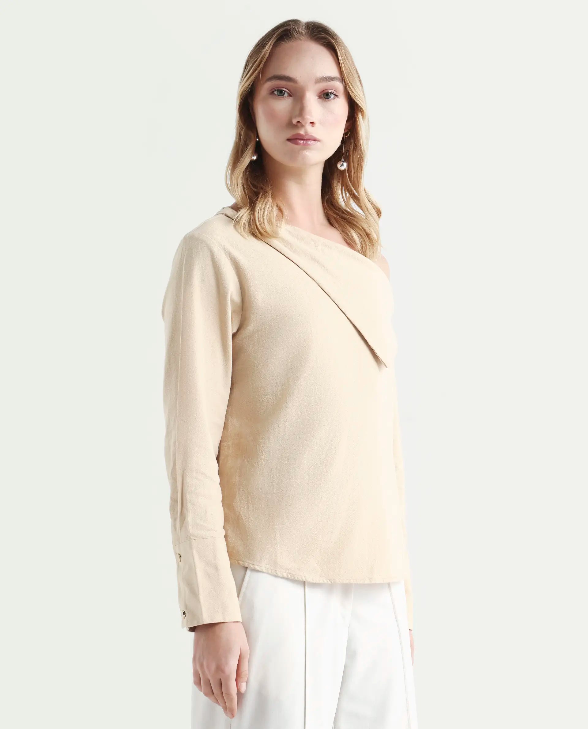 Rareism Women's Nimlu Light Sand Cotton Collarless Plain Cuffed Sleeve Regular Fit Top