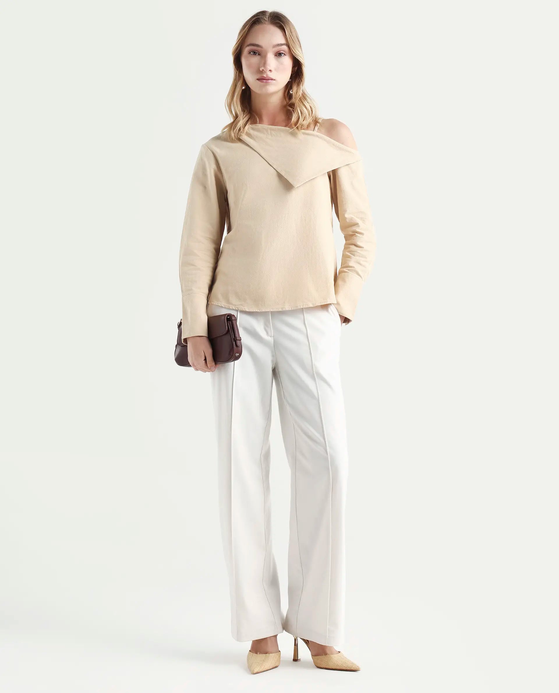 Rareism Women's Nimlu Light Sand Cotton Collarless Plain Cuffed Sleeve Regular Fit Top