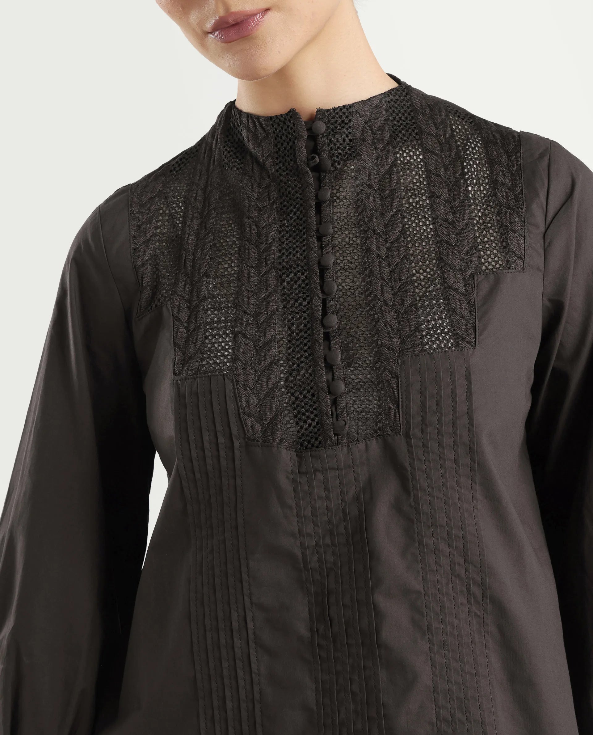 Rareism Women's Olafi Brown Cotton High Neck Plain Bishop Sleeve Regular Fit Top