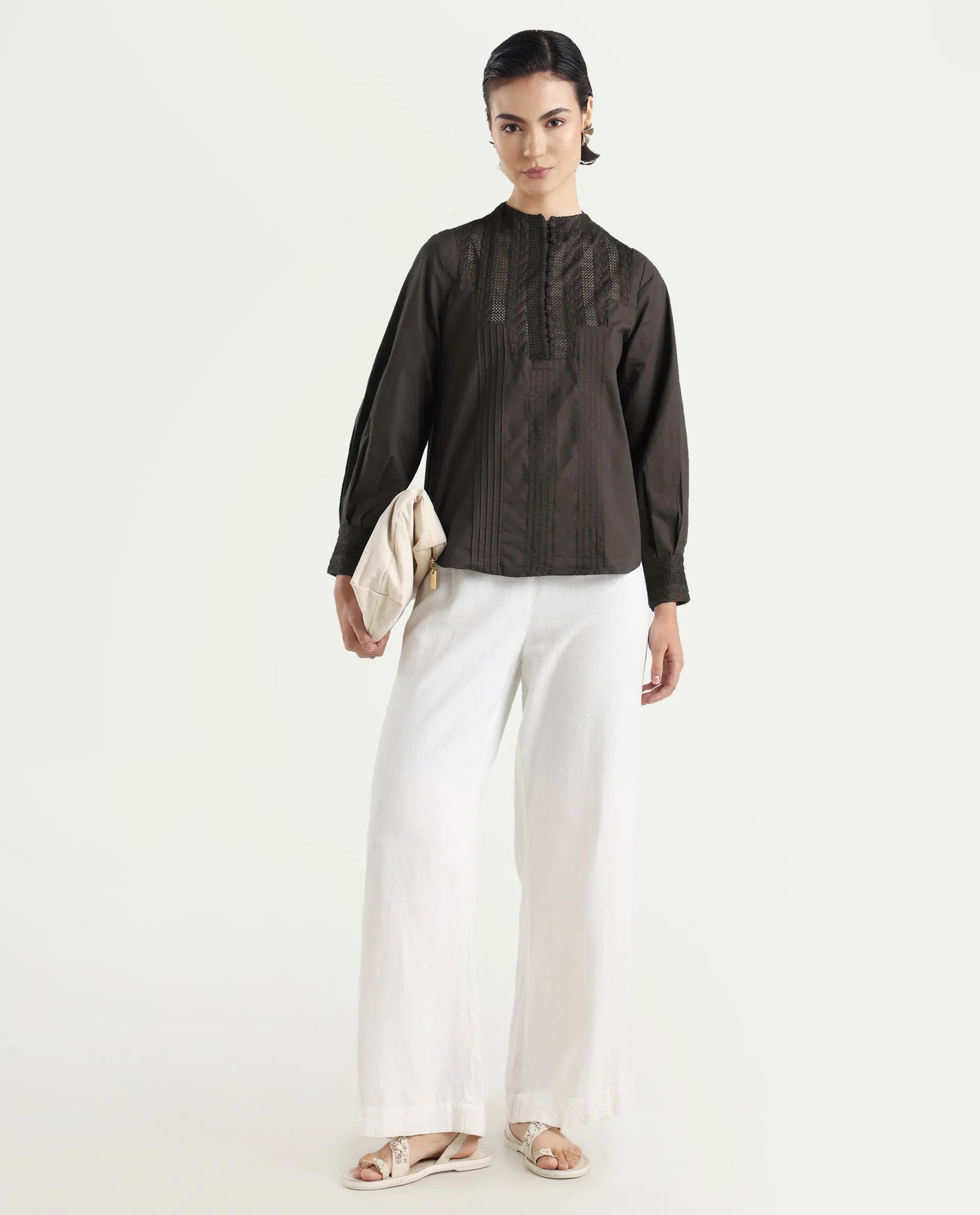 Rareism Women's Olafi Brown Cotton High Neck Plain Bishop Sleeve Regular Fit Top