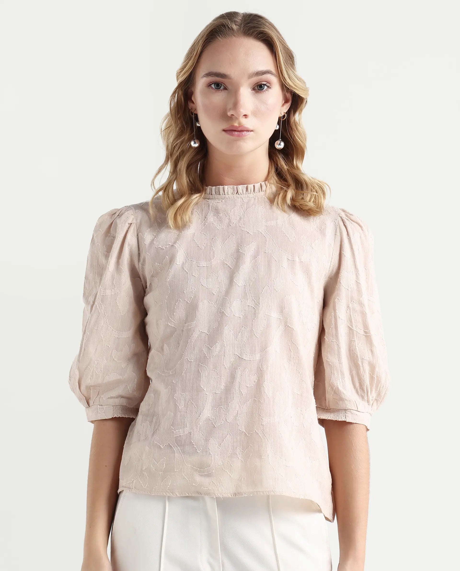 Rareism Women's Reis Beige Cotton Blend Crew Neck Plain Puff Sleeves Regular Fit Top