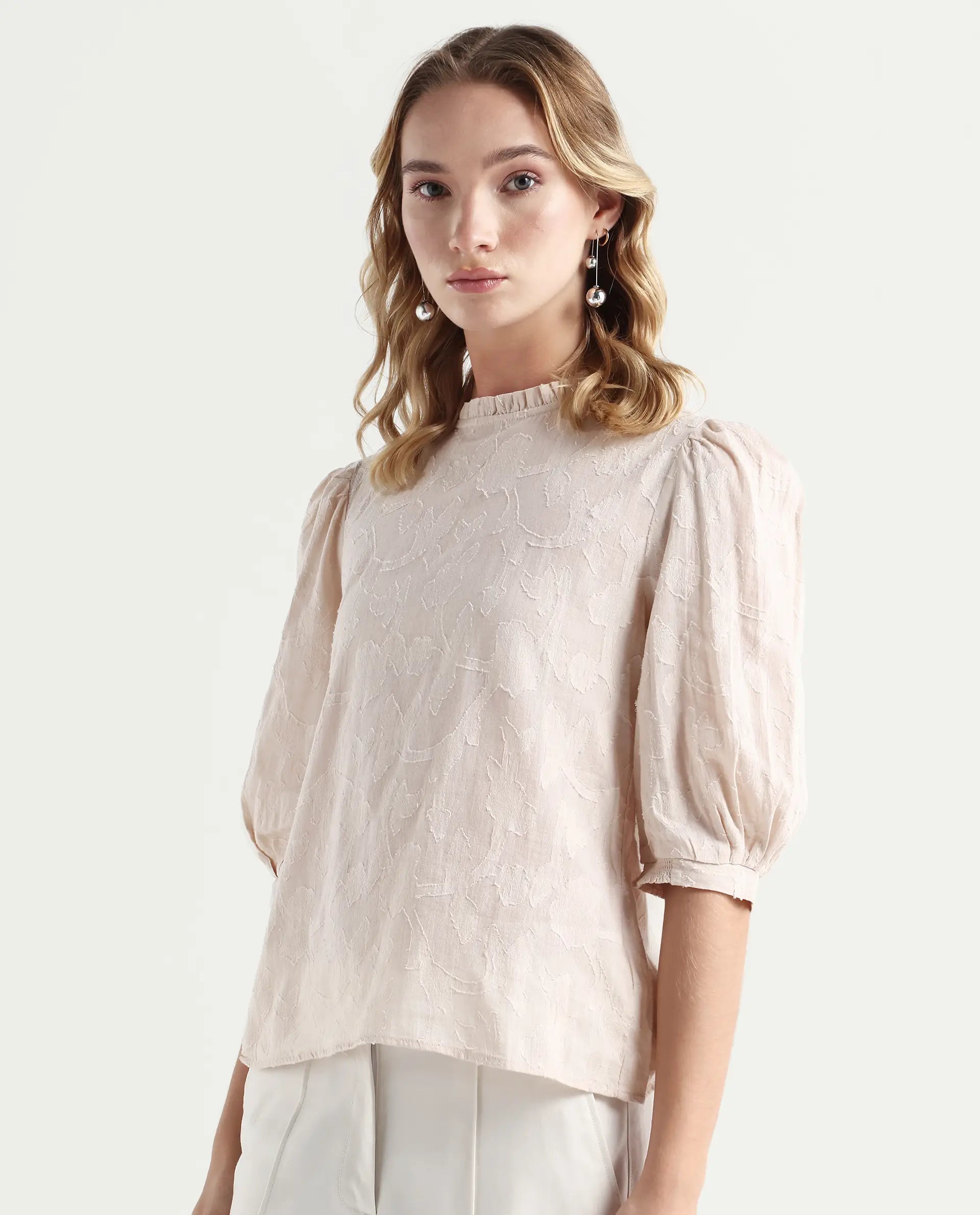 Rareism Women's Reis Beige Cotton Blend Crew Neck Plain Puff Sleeves Regular Fit Top