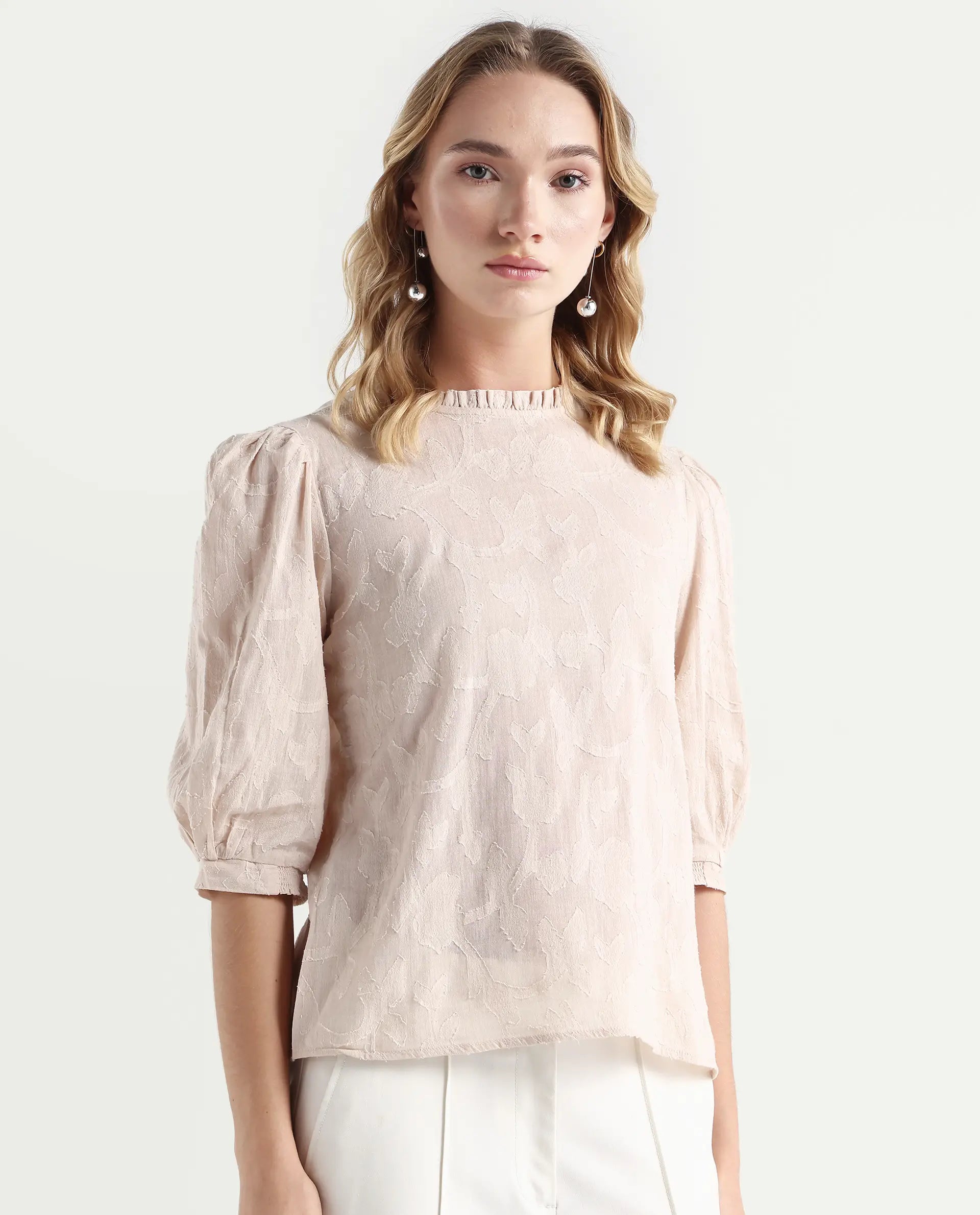 Rareism Women's Reis Beige Cotton Blend Crew Neck Plain Puff Sleeves Regular Fit Top