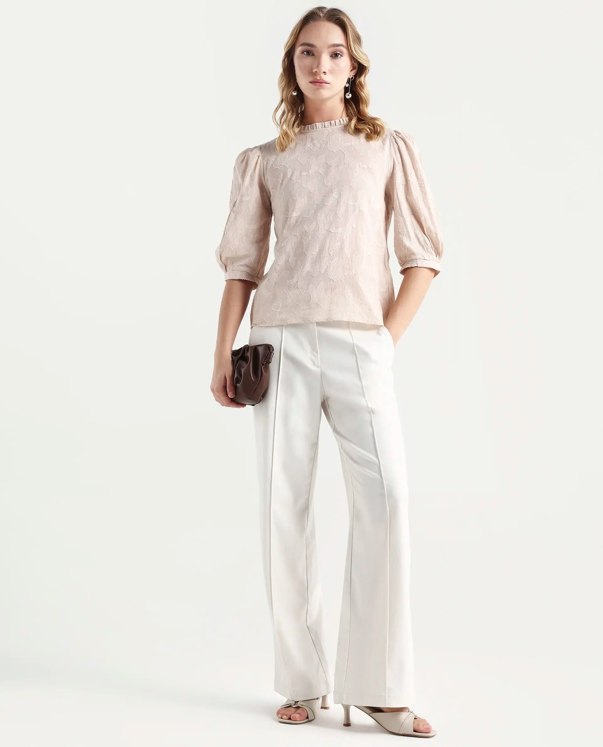 Rareism Women's Reis Beige Cotton Blend Crew Neck Plain Puff Sleeves Regular Fit Top