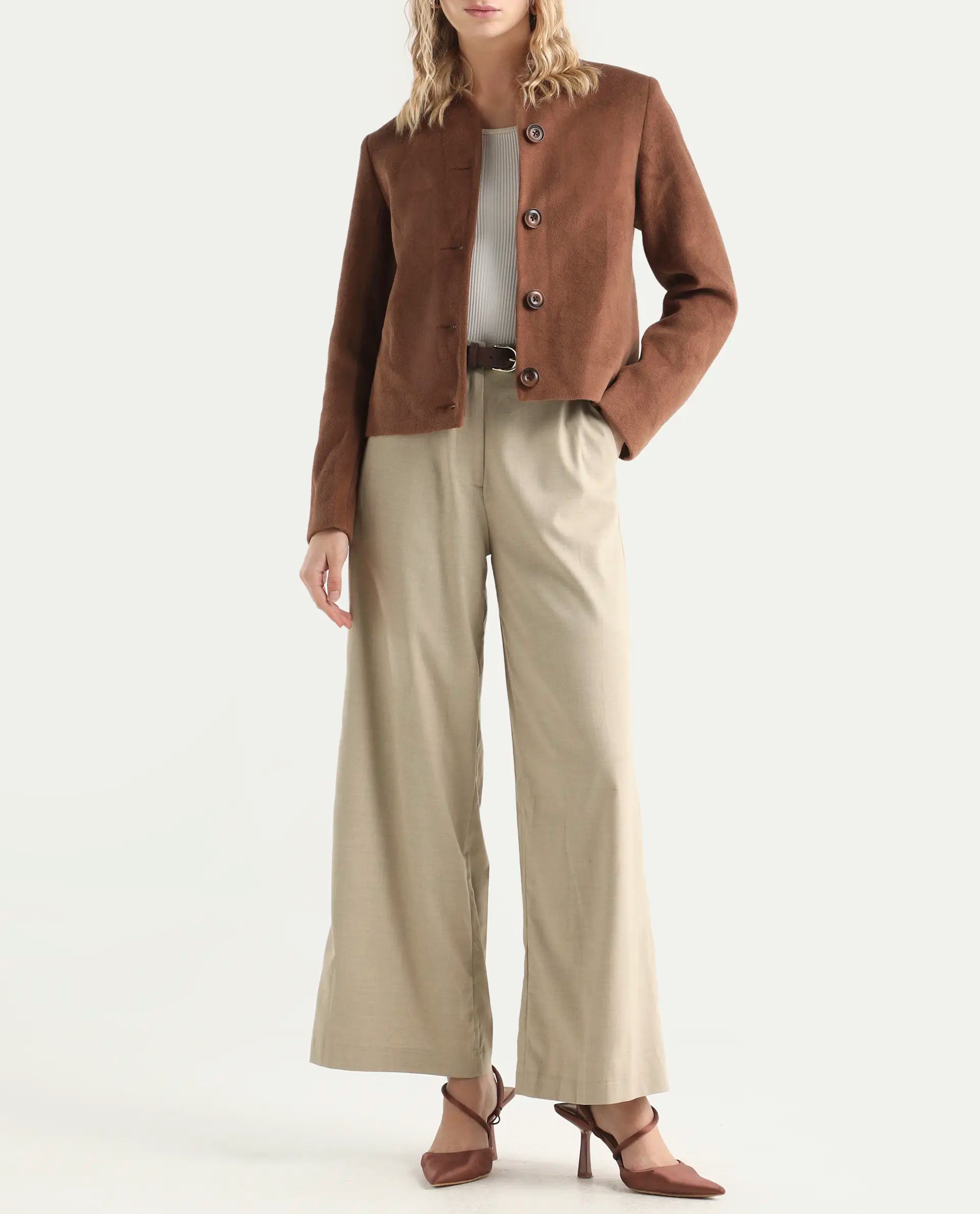 Rareism Women's Katy Beige Polyester Blend Plain Ankle Length Straight Fit Trouser
