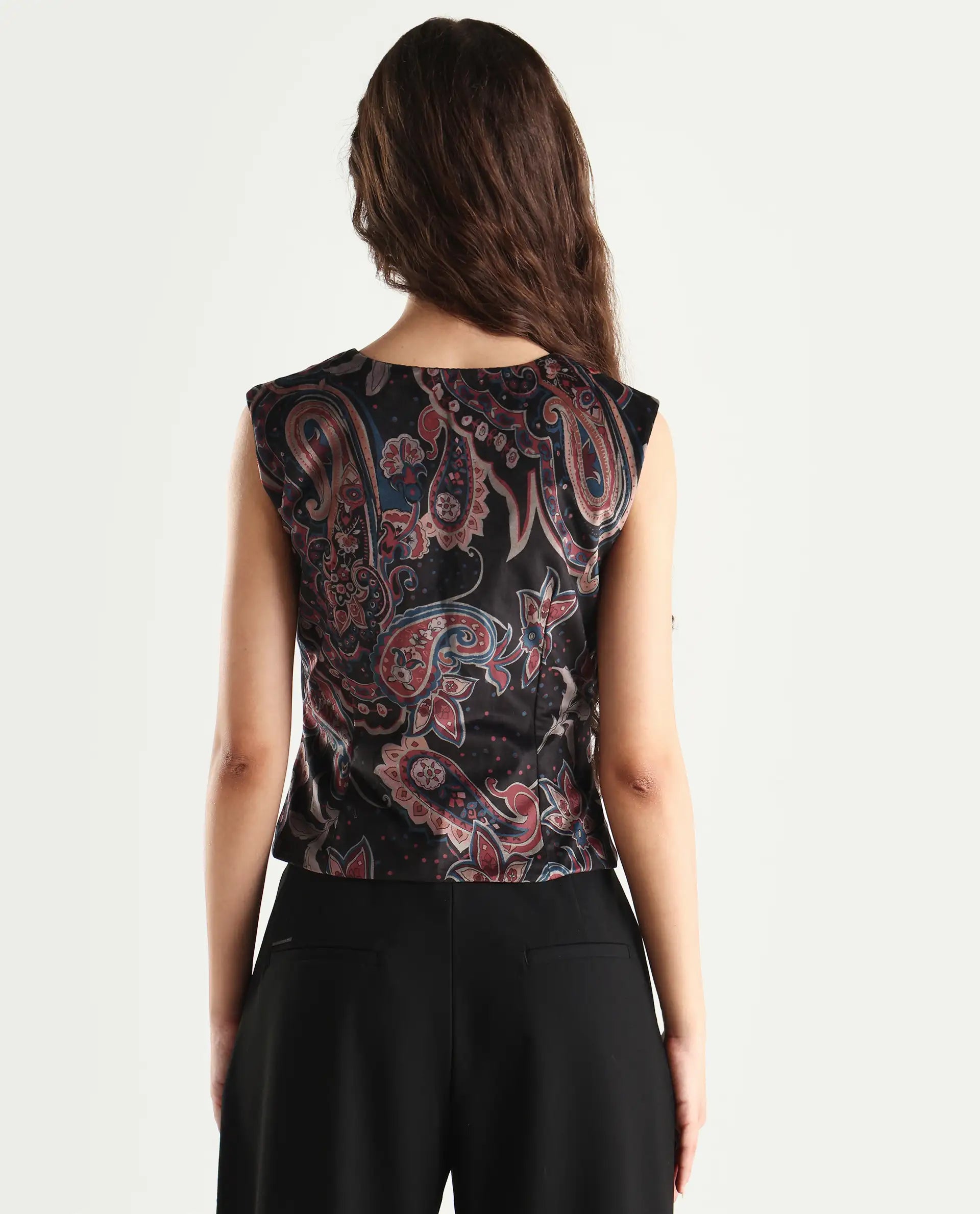 Rareism Women's Remen Multi Velvet V-Neck Paisley Print Sleeveless Regular Fitted Waist Coat