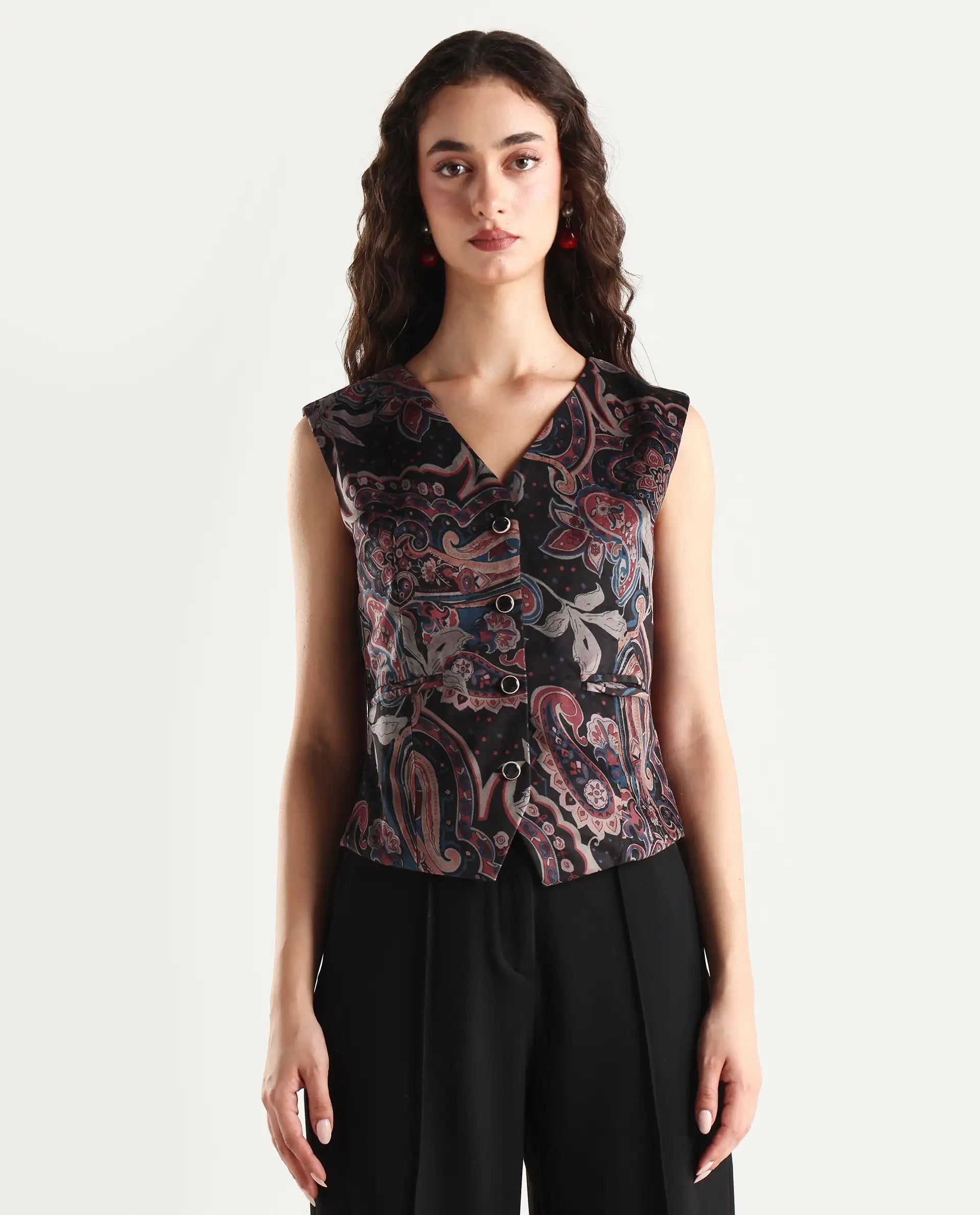 Rareism Women's Remen Multi Velvet V-Neck Paisley Print Sleeveless Regular Fitted Waist Coat