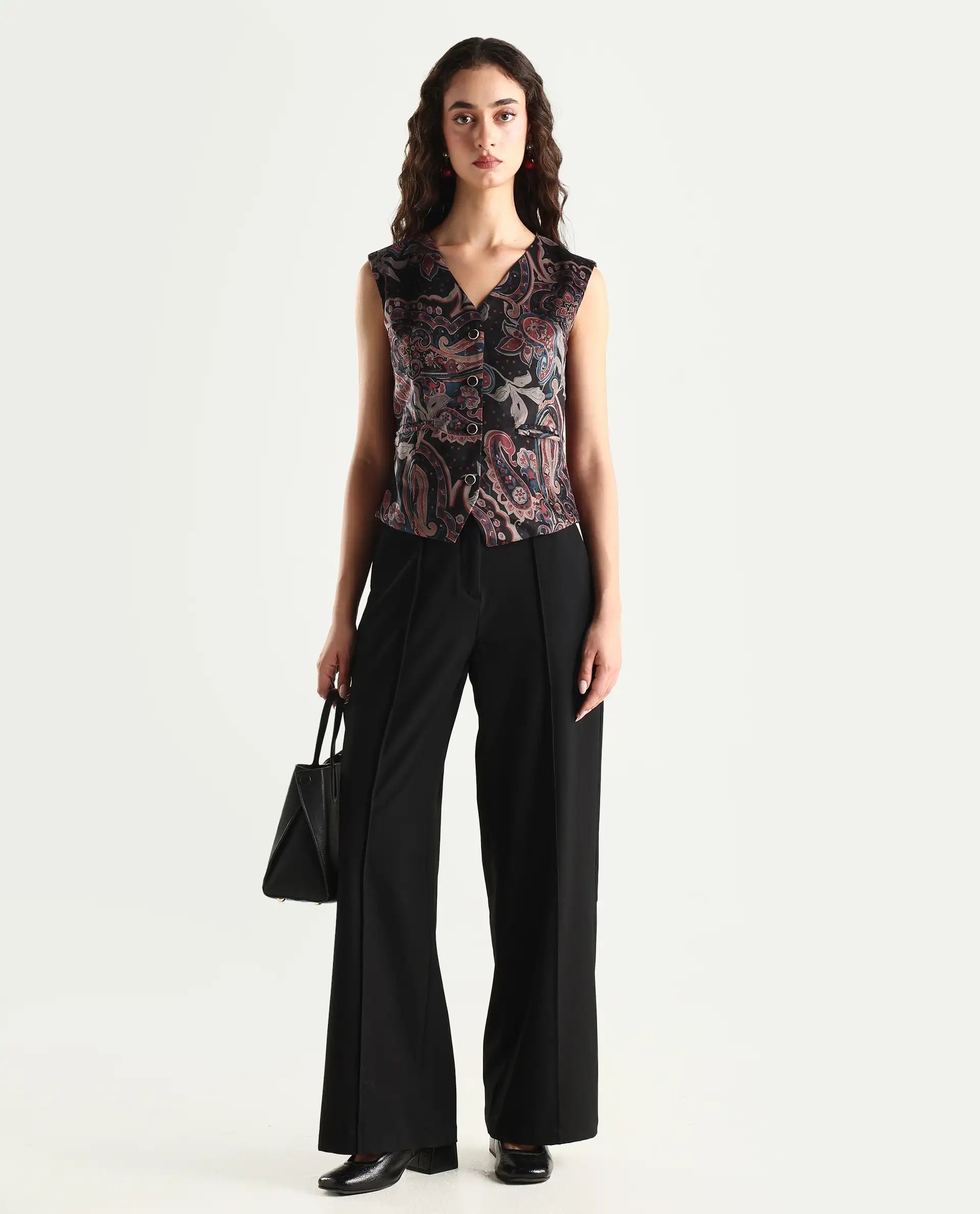 Rareism Women's Remen Multi Velvet V-Neck Paisley Print Sleeveless Regular Fitted Waist Coat