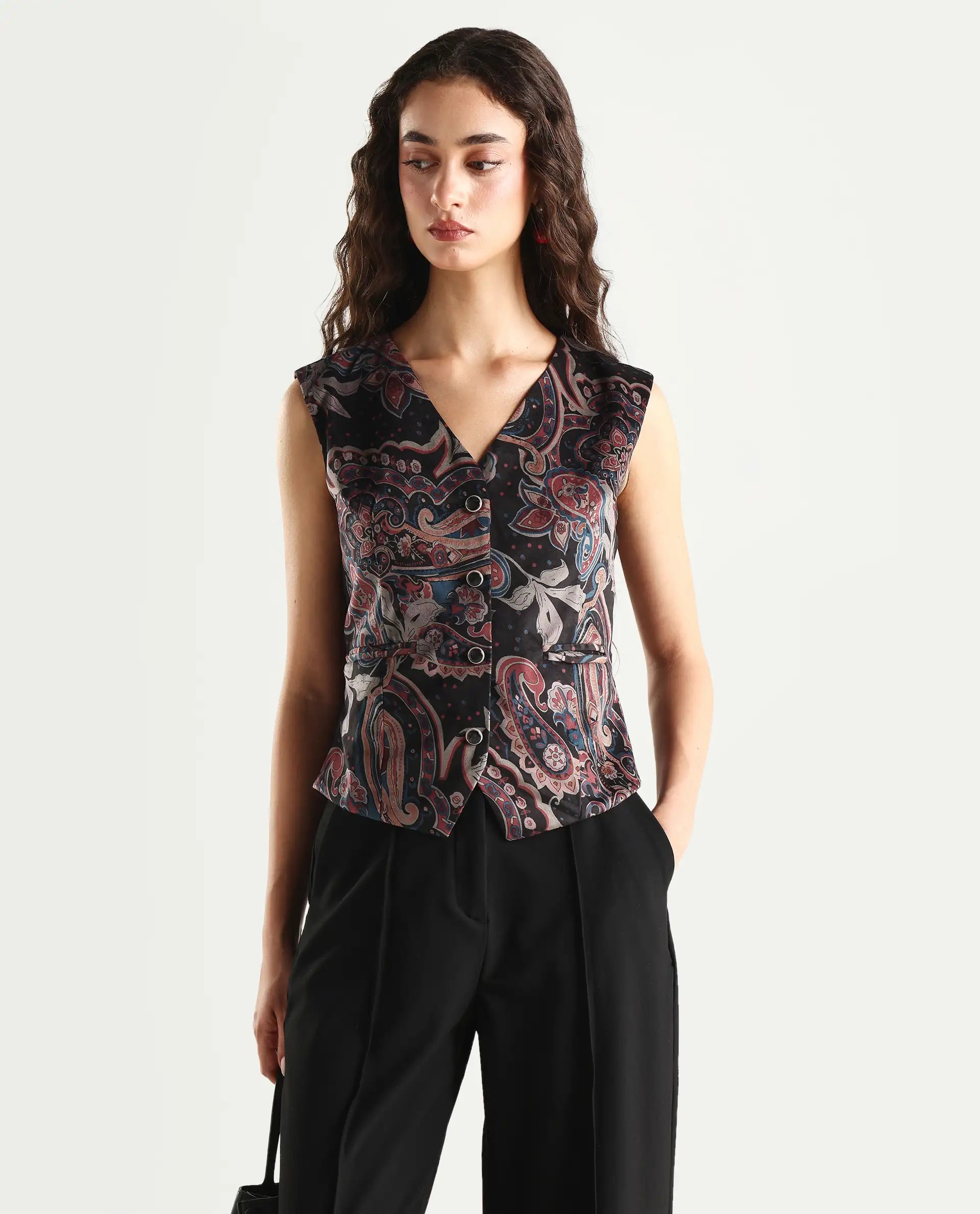 Rareism Women's Remen Multi Velvet V-Neck Paisley Print Sleeveless Regular Fitted Waist Coat