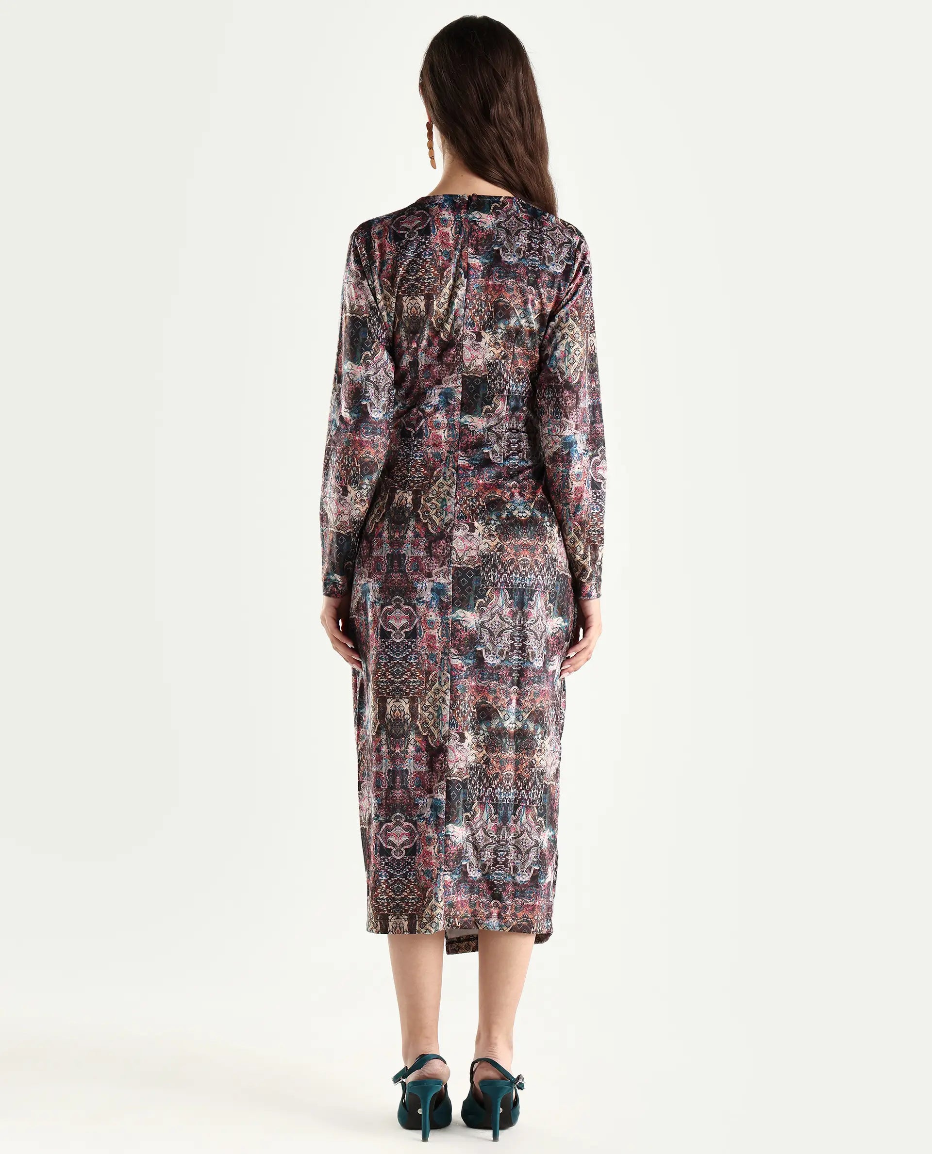 Rareism Women's Wekly Dark Multi Velvet V-Neck Abstract Print Midi Fitted Dress