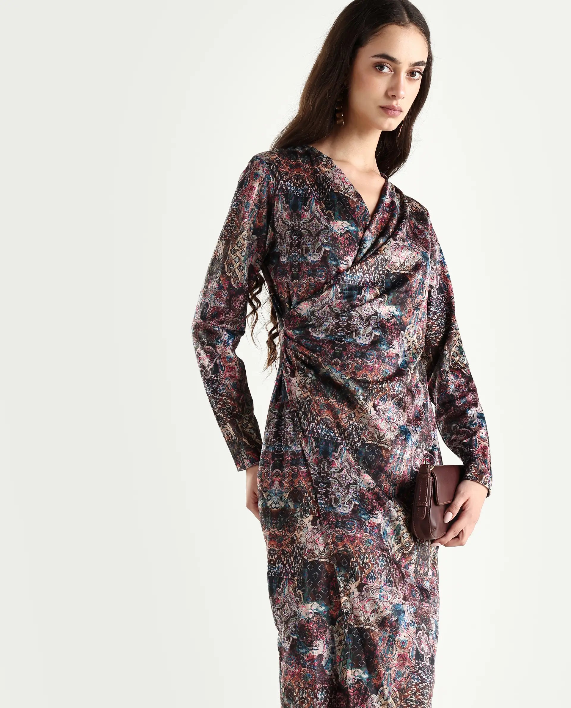 Rareism Women's Wekly Dark Multi Velvet V-Neck Abstract Print Midi Fitted Dress