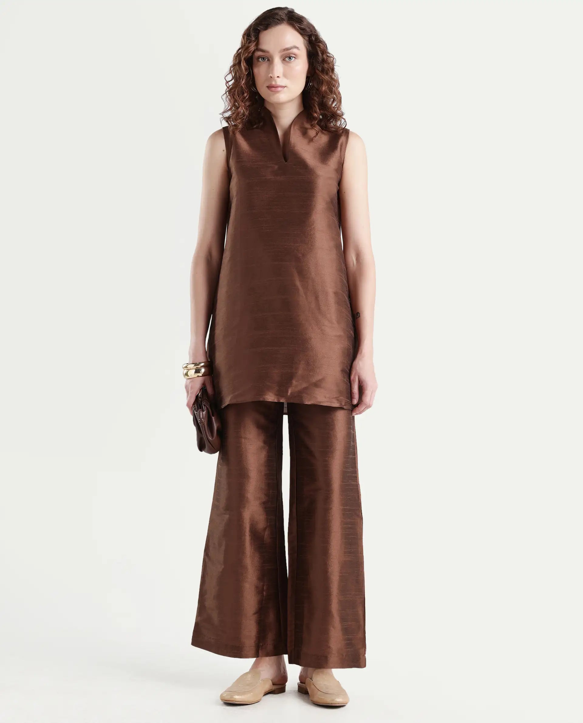 Rareism Women's Kamla B Dark Brown Silk Plain Ankle Length Straight Fit Trouser