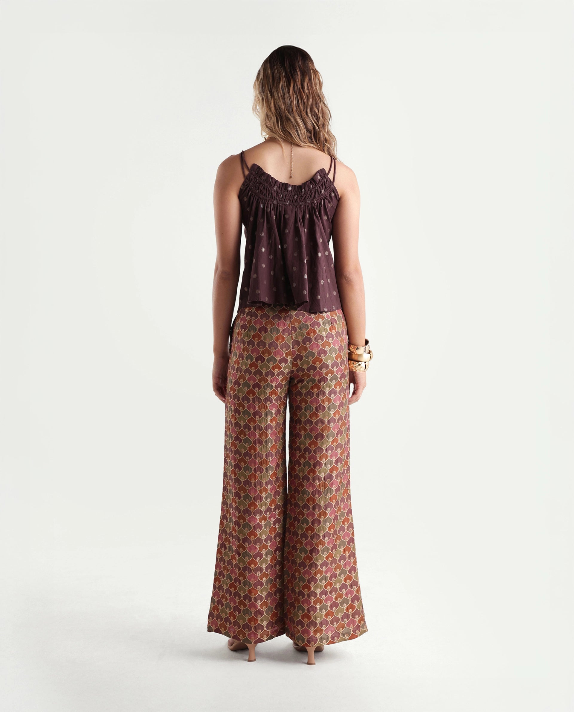 Rareism Women's Varfa B Multi Polyester Jacquard Ankle Length Flared Trouser