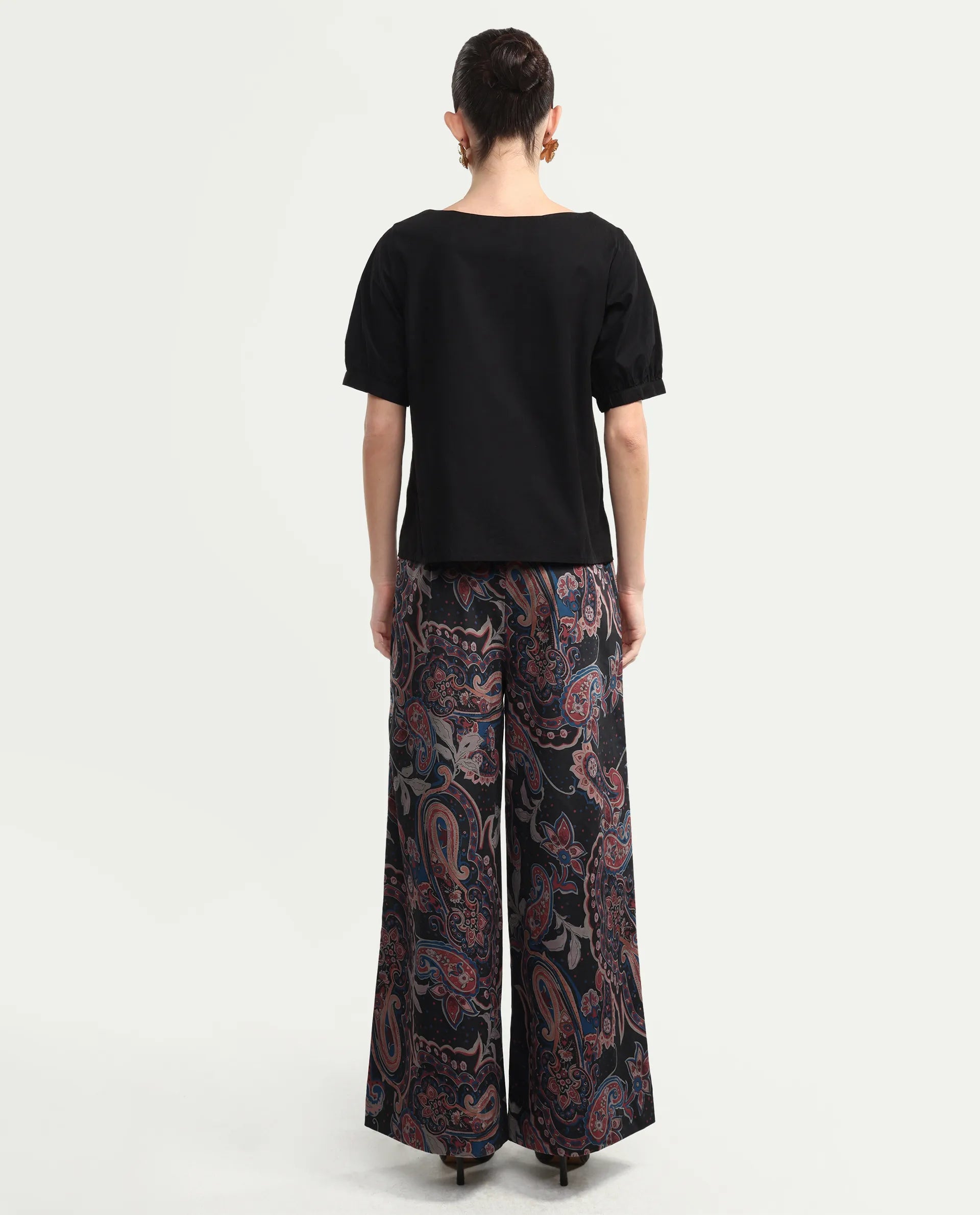 Rareism Women's Remen B Dark Multi Velvet Paisley Print Ankle Length Flared Trouser