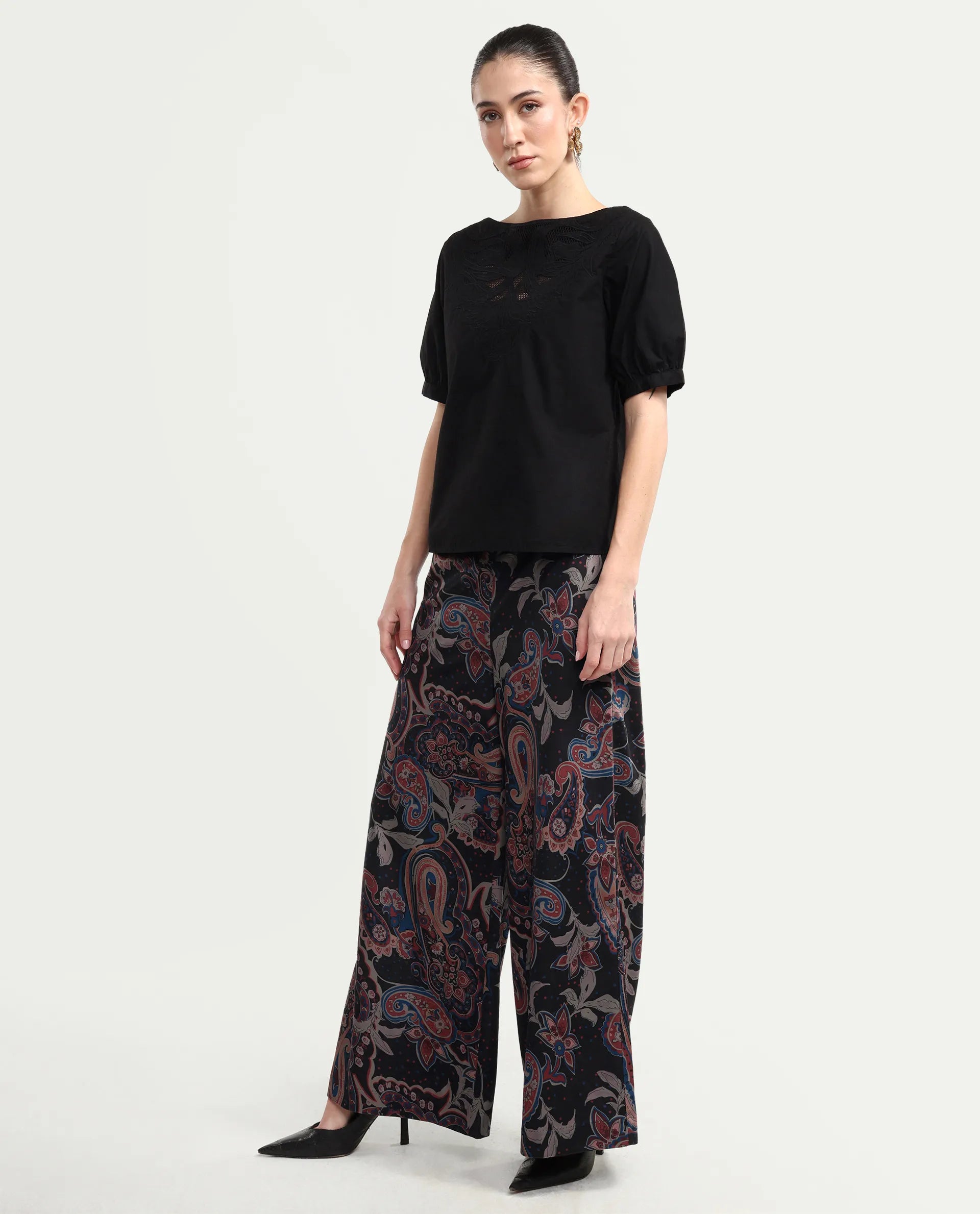 Rareism Women's Remen B Dark Multi Velvet Paisley Print Ankle Length Flared Trouser