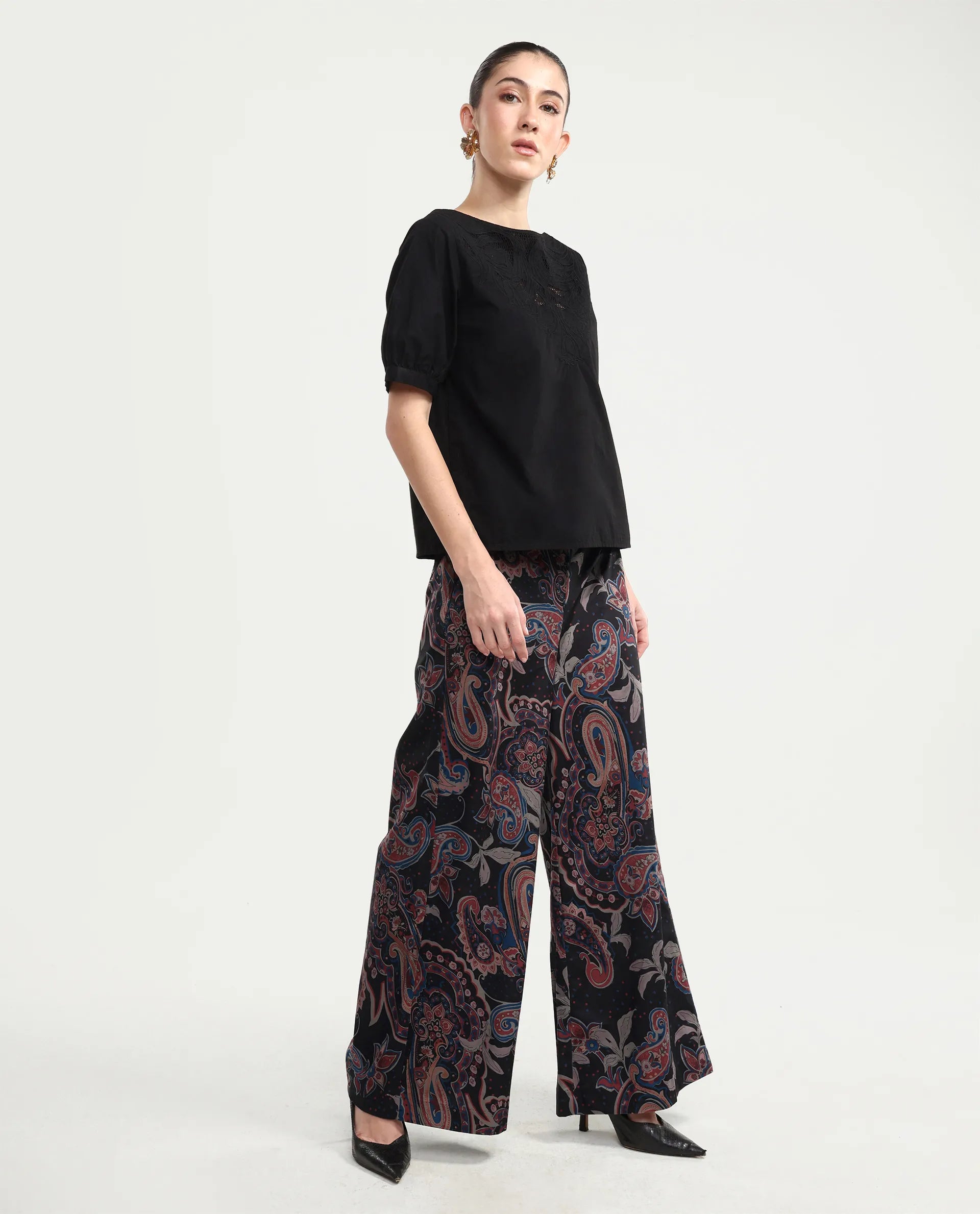 Rareism Women's Remen B Dark Multi Velvet Paisley Print Ankle Length Flared Trouser