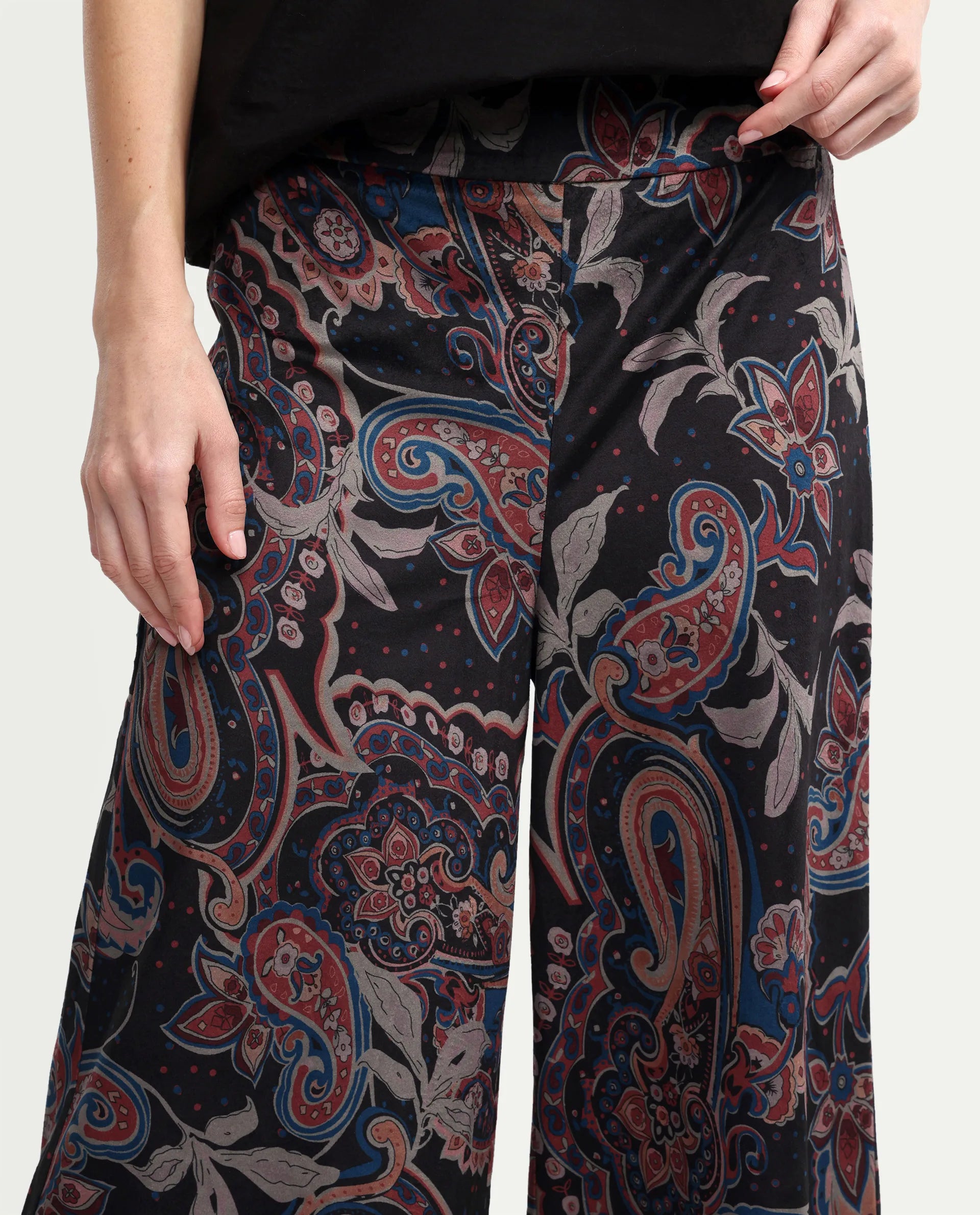 Rareism Women's Remen B Dark Multi Velvet Paisley Print Ankle Length Flared Trouser