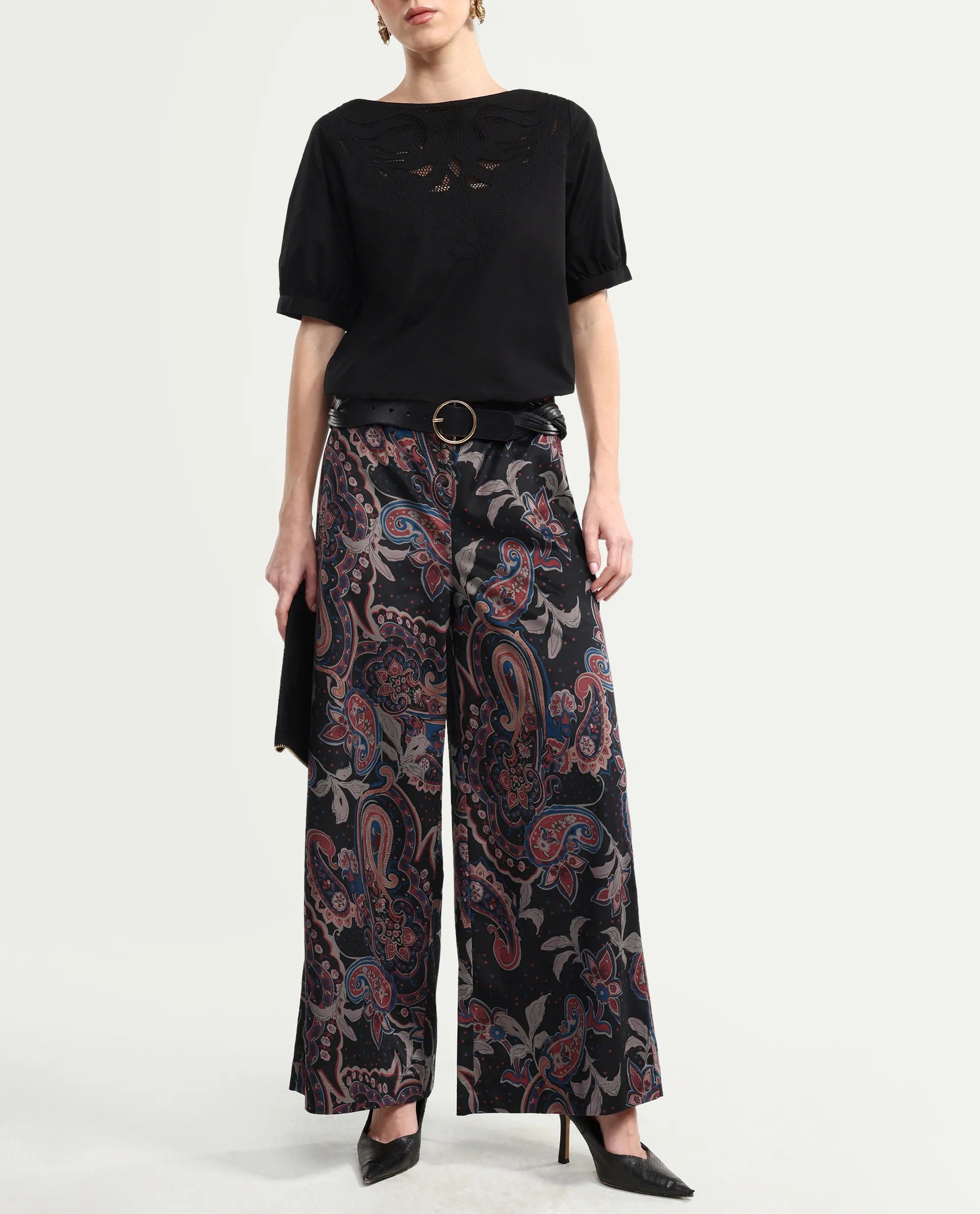 Rareism Women's Remen B Dark Multi Velvet Paisley Print Ankle Length Flared Trouser