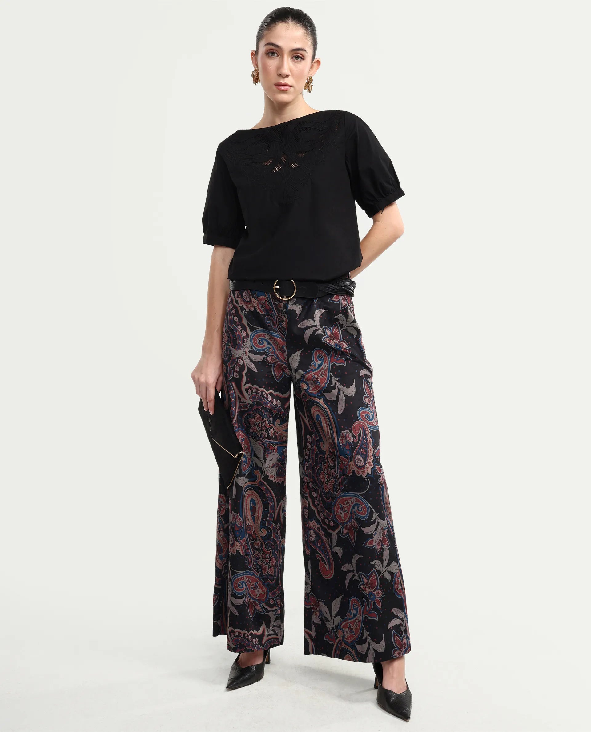 Rareism Women's Remen B Dark Multi Velvet Paisley Print Ankle Length Flared Trouser