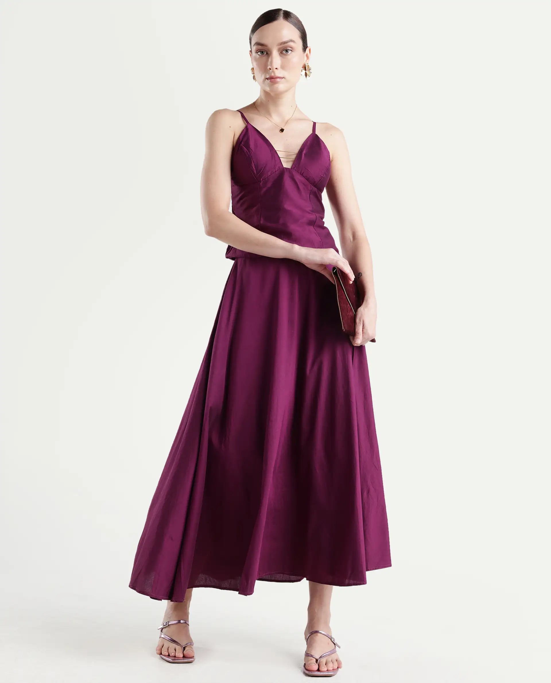 Rareism Women's Carfa B Purple Silk Plain Maxi Flared Skirt