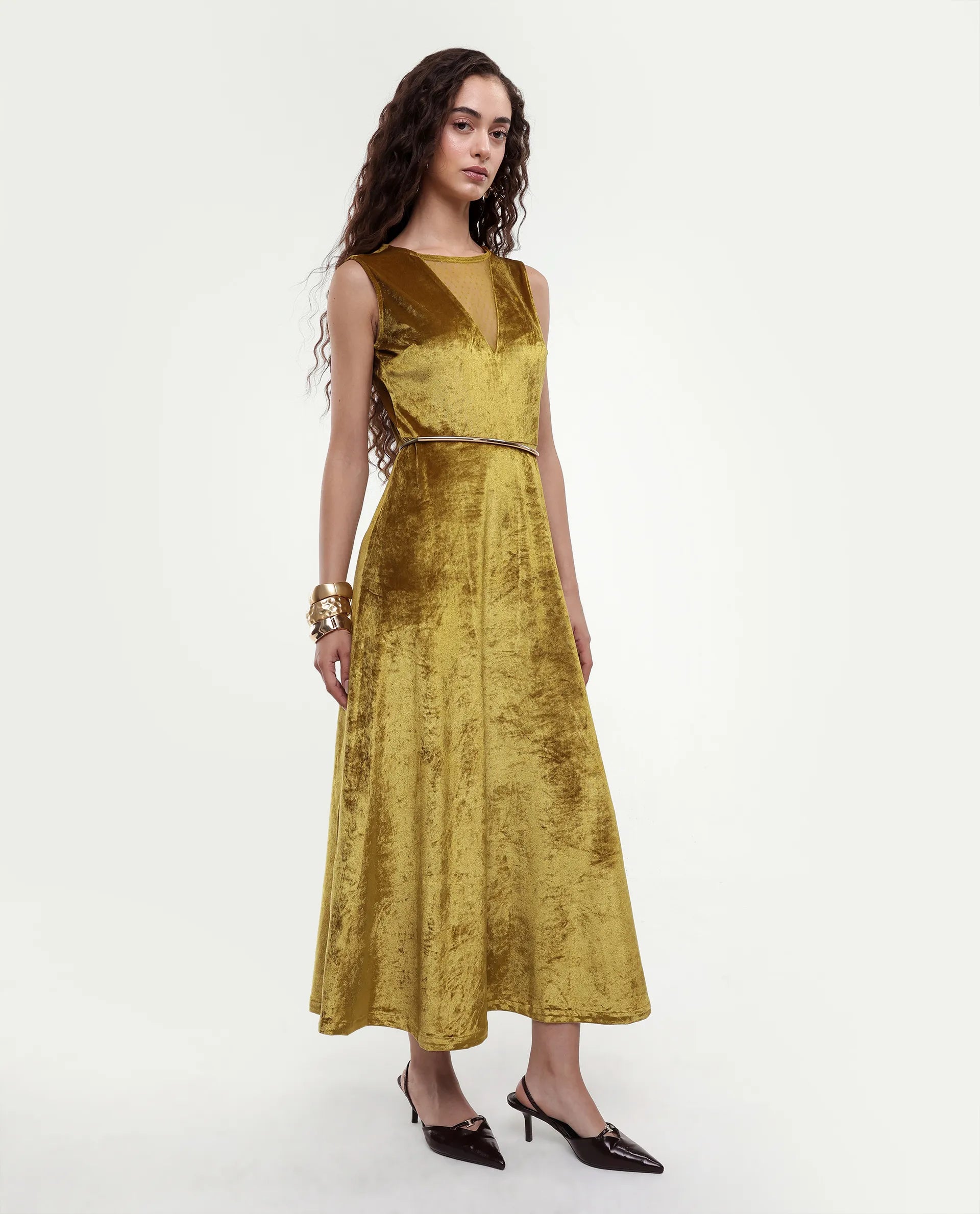 Rareism Women's Clementi Olive Velvet V-Neck Plain Sleeveless Maxi Fit And Flare Dress