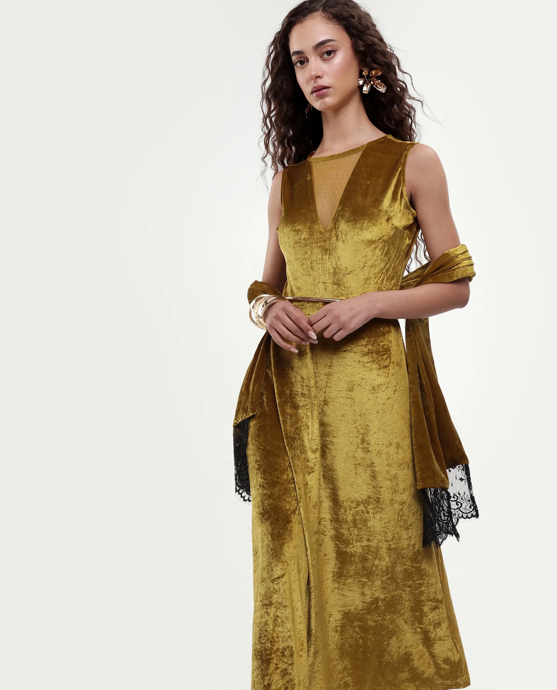Rareism Women's Clementi Olive Velvet V-Neck Plain Sleeveless Maxi Fit And Flare Dress