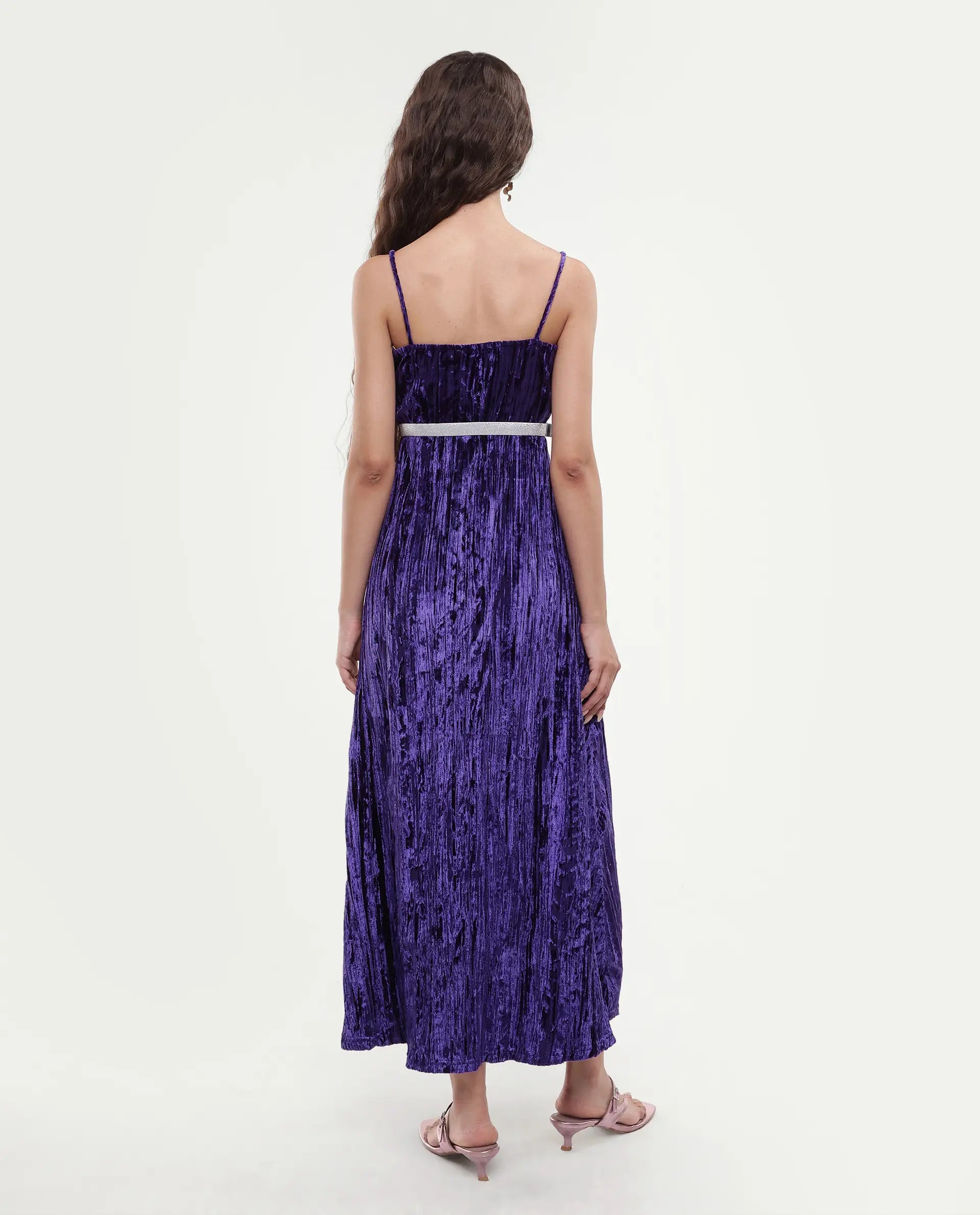 Rareism Women's Harbo Purple Velvet Shoulder Strap Plain Sleeveless Maxi Fit And Flare Dress