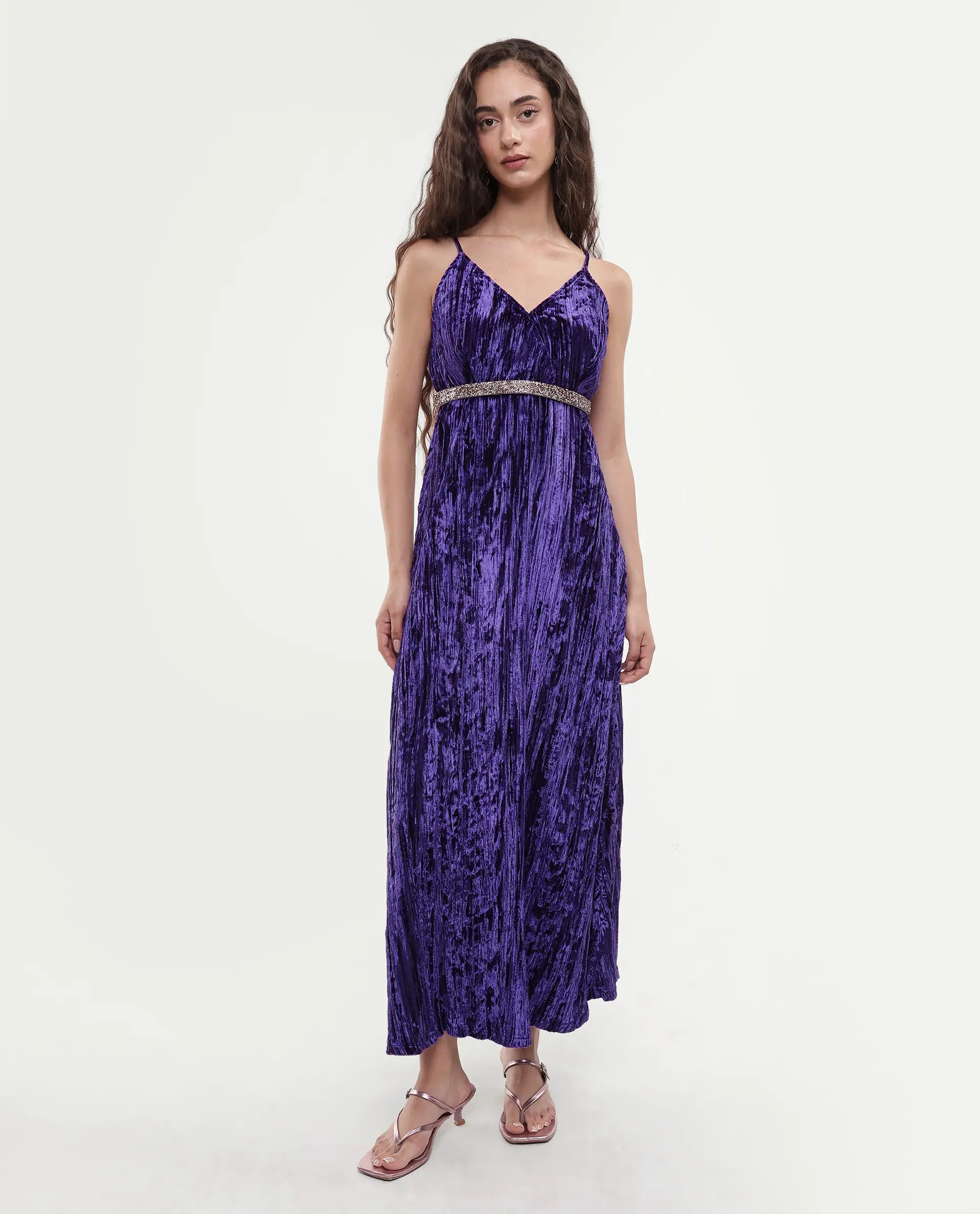 Rareism Women's Harbo Purple Velvet Shoulder Strap Plain Sleeveless Maxi Fit And Flare Dress