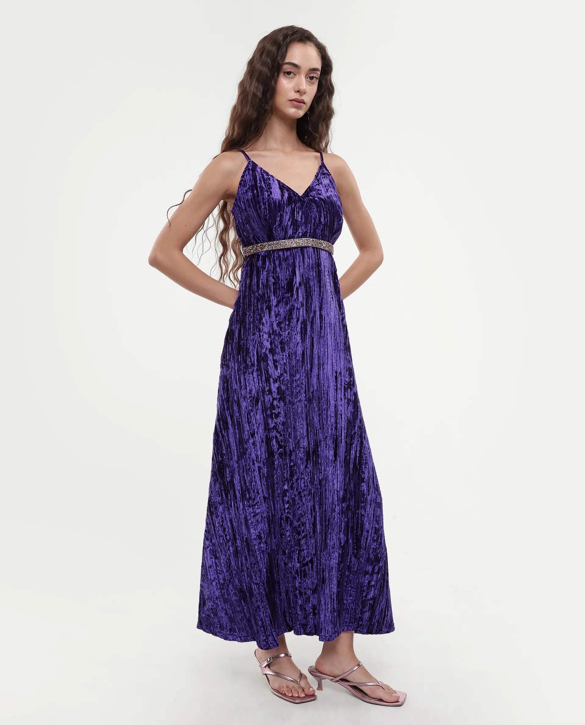 Rareism Women's Harbo Purple Velvet Shoulder Strap Plain Sleeveless Maxi Fit And Flare Dress