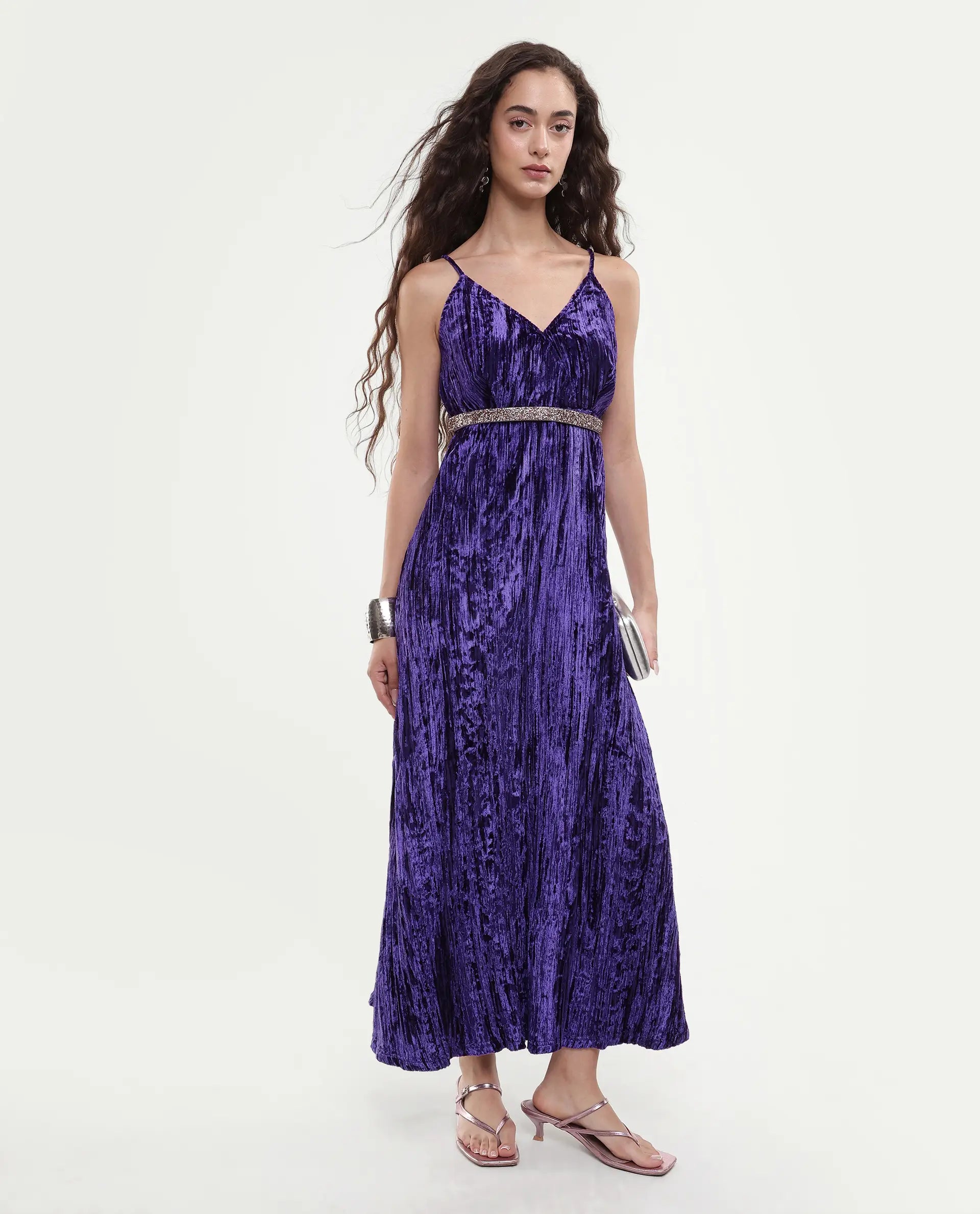 Rareism Women's Harbo Purple Velvet Shoulder Strap Plain Sleeveless Maxi Fit And Flare Dress