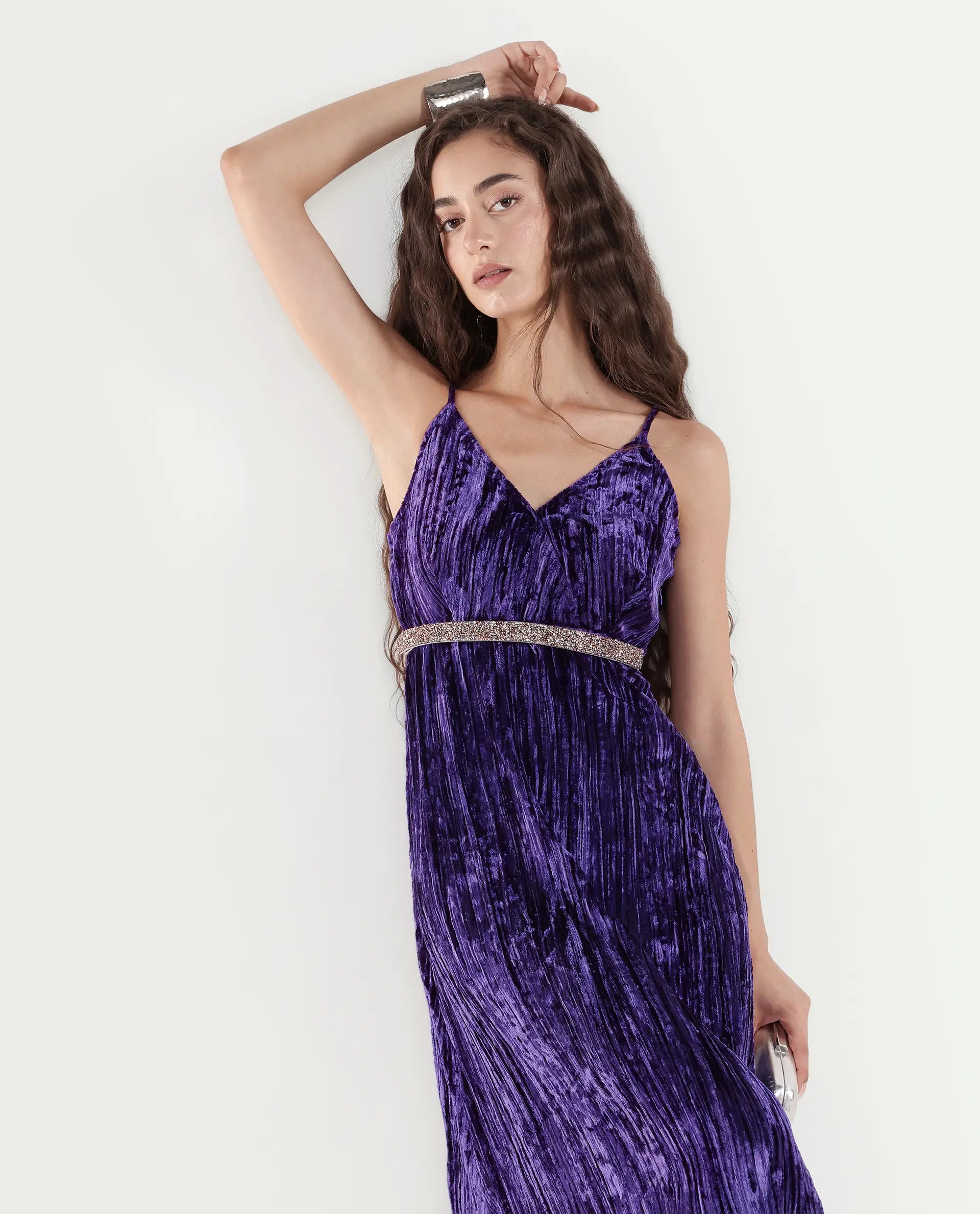 Rareism Women's Harbo Purple Velvet Shoulder Strap Plain Sleeveless Maxi Fit And Flare Dress