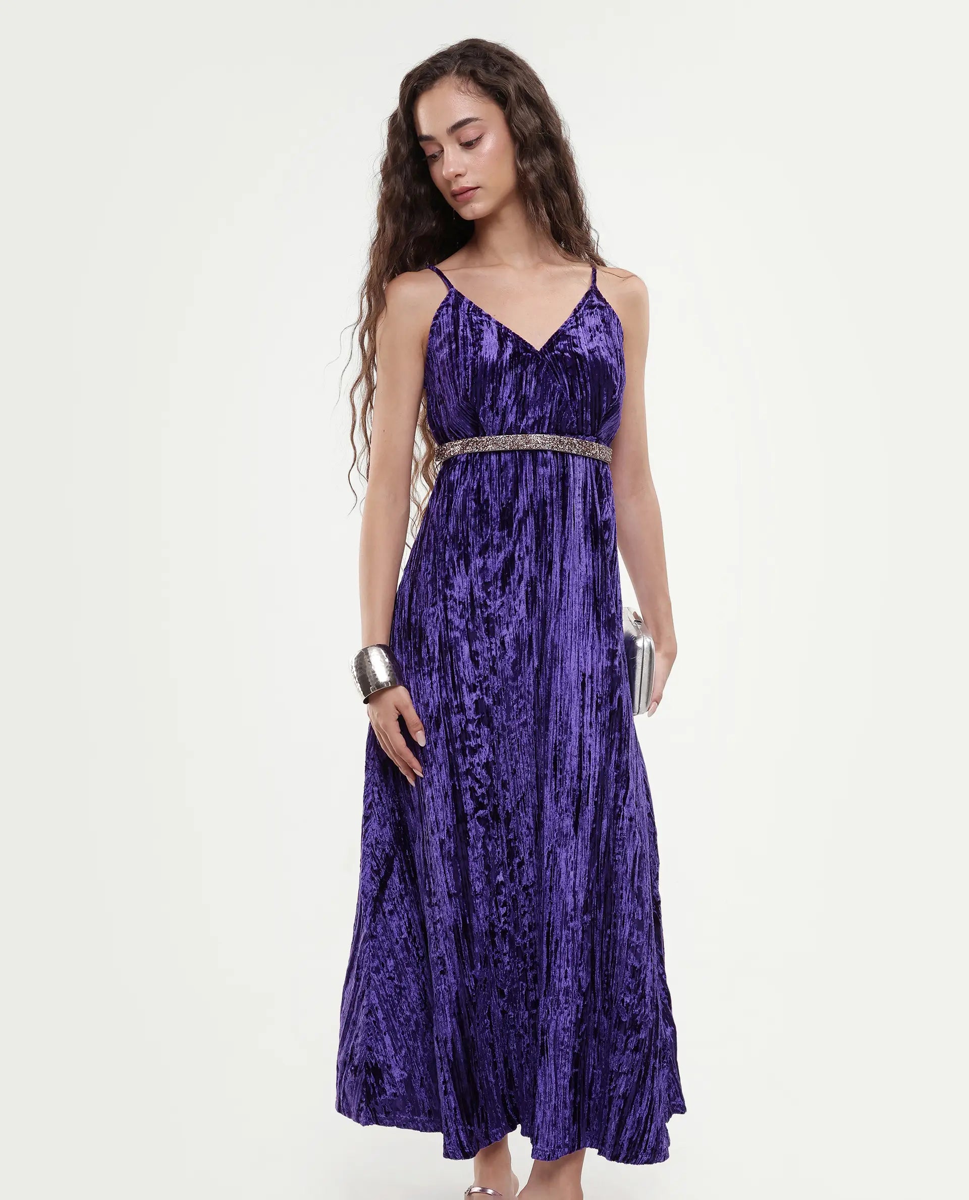 Rareism Women's Harbo Purple Velvet Shoulder Strap Plain Sleeveless Maxi Fit And Flare Dress