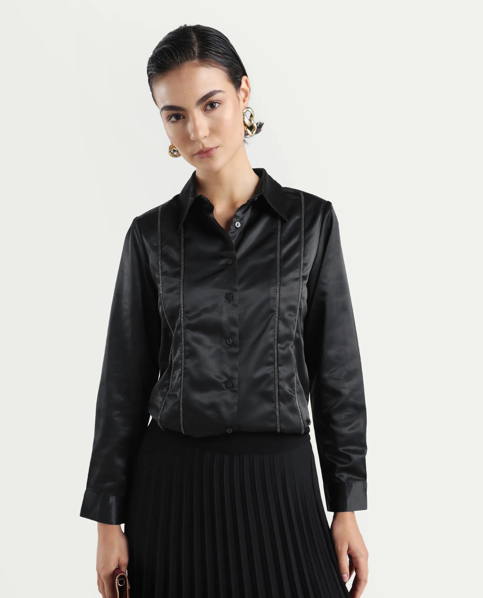 Rareism Women's Derep Black Satin Drop Collar Dyed Cuffed Sleeve Regular Fit Shirt