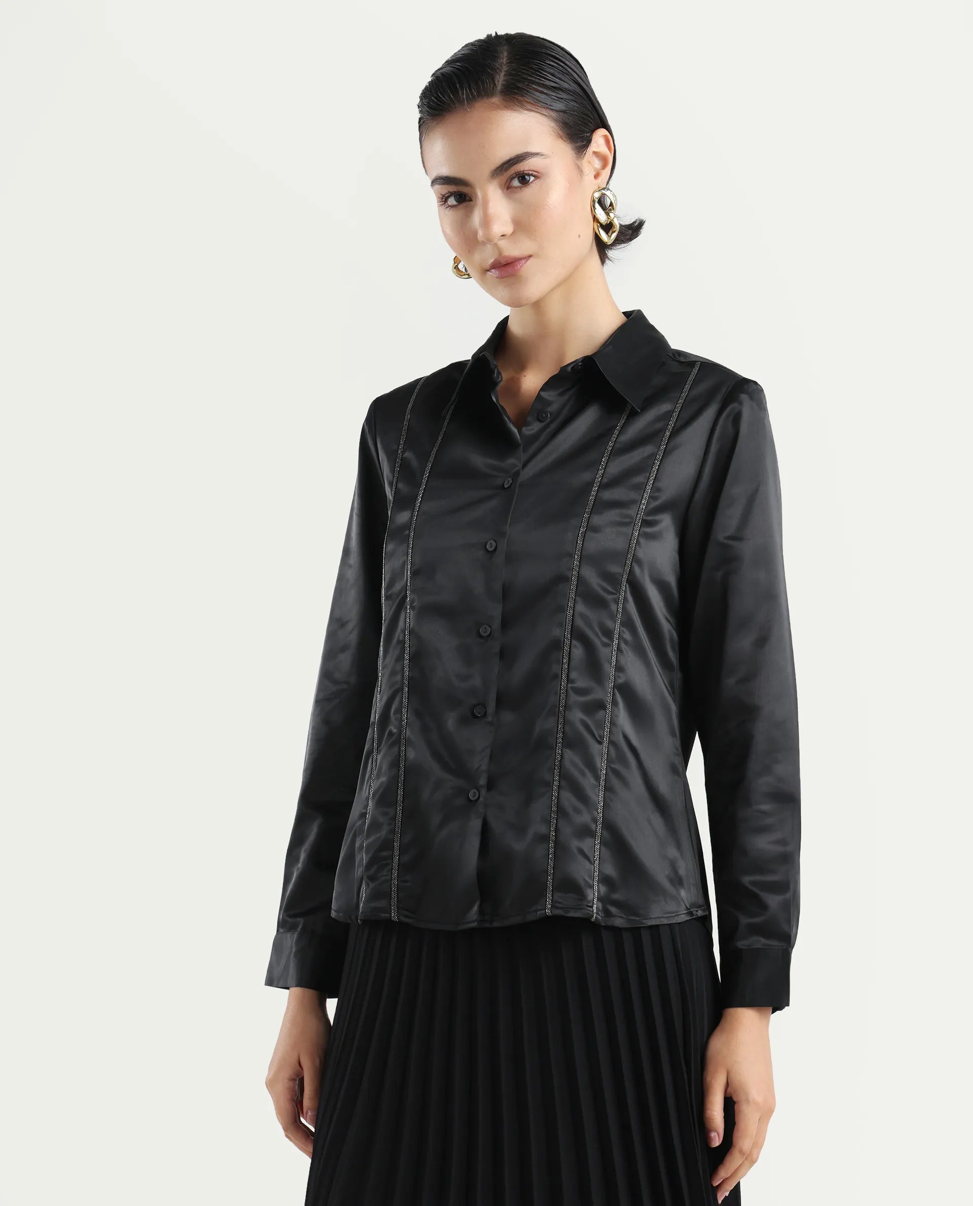 Rareism Women's Derep Black Satin Drop Collar Dyed Cuffed Sleeve Regular Fit Shirt