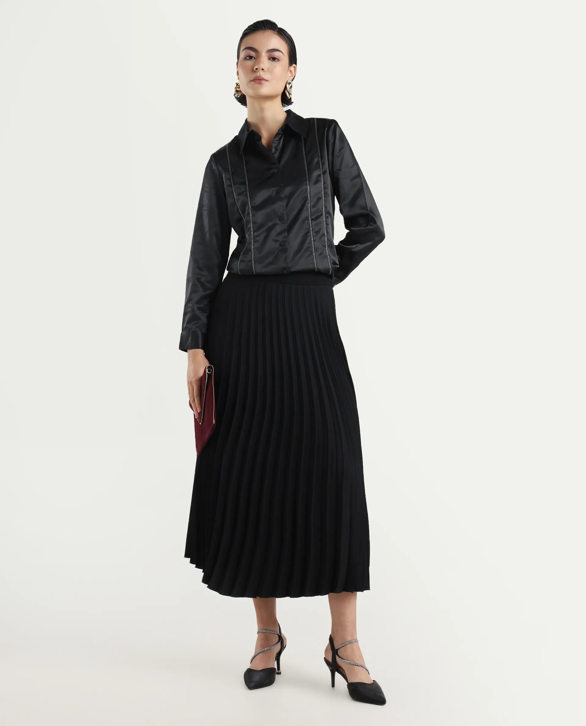 Rareism Women's Derep Black Satin Drop Collar Dyed Cuffed Sleeve Regular Fit Shirt