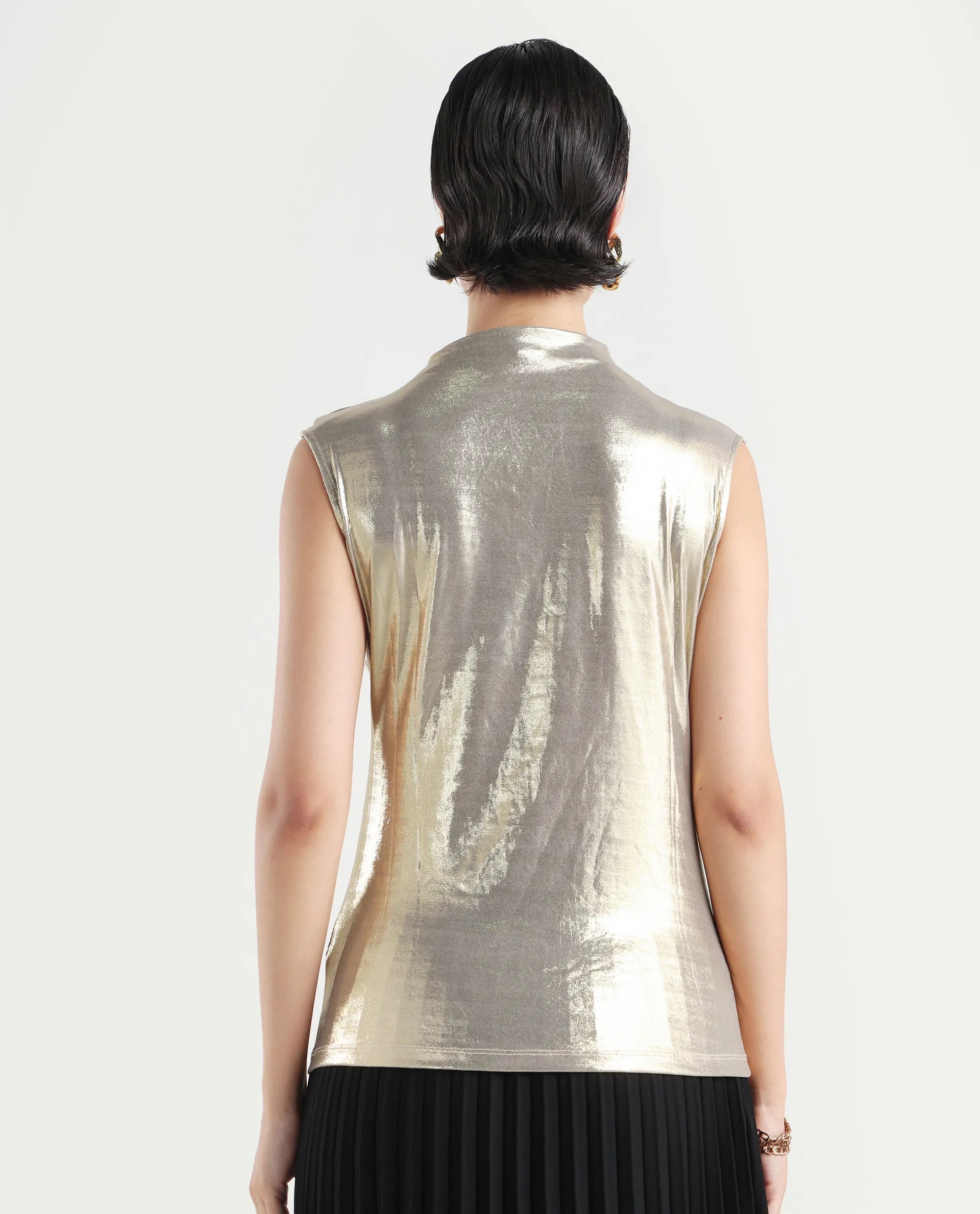 Rareism Women's Tangui Metallic Gold Polyester High Neck Plain Sleeveless Regular Fitted Top