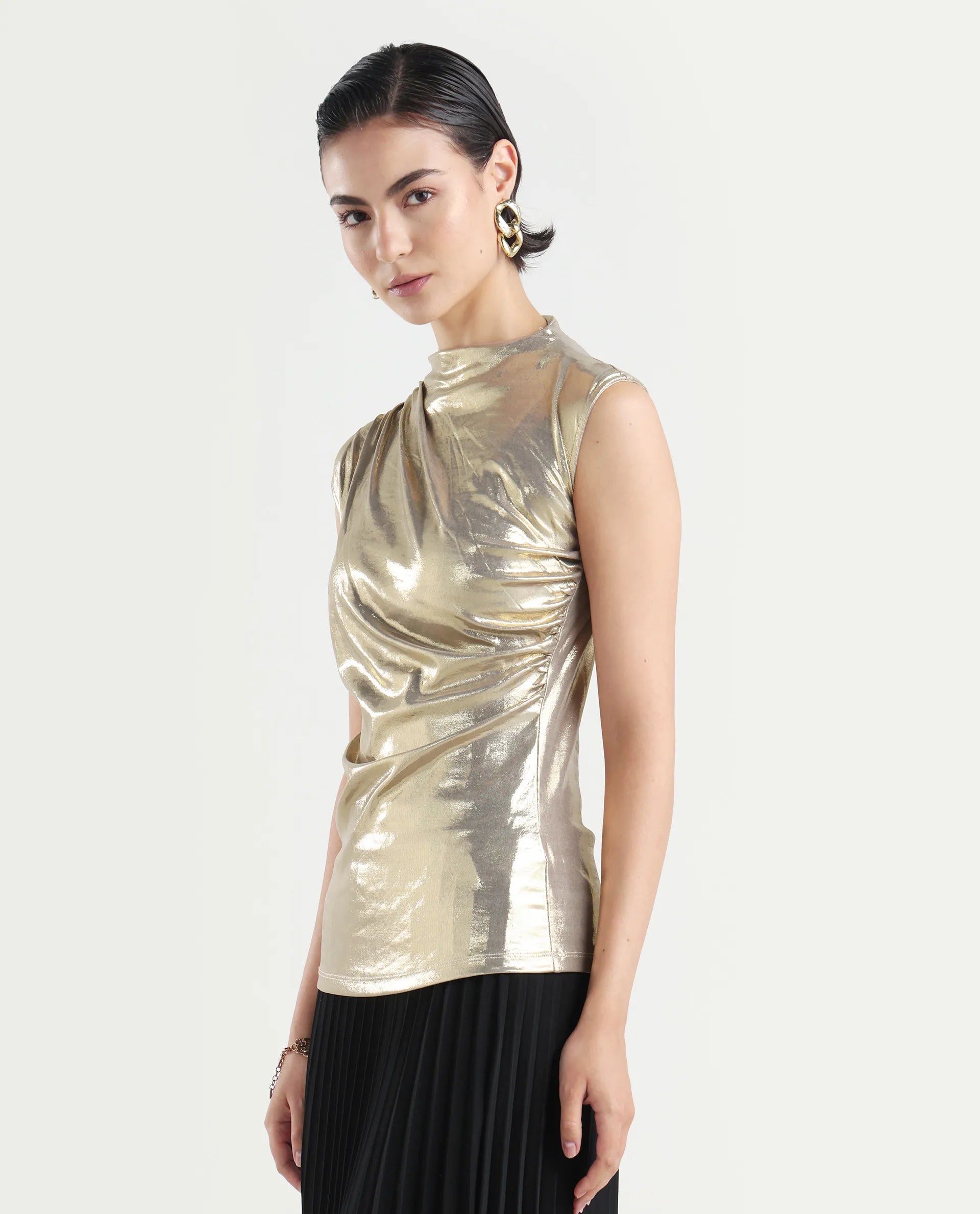 Rareism Women's Tangui Metallic Gold Polyester High Neck Plain Sleeveless Regular Fitted Top