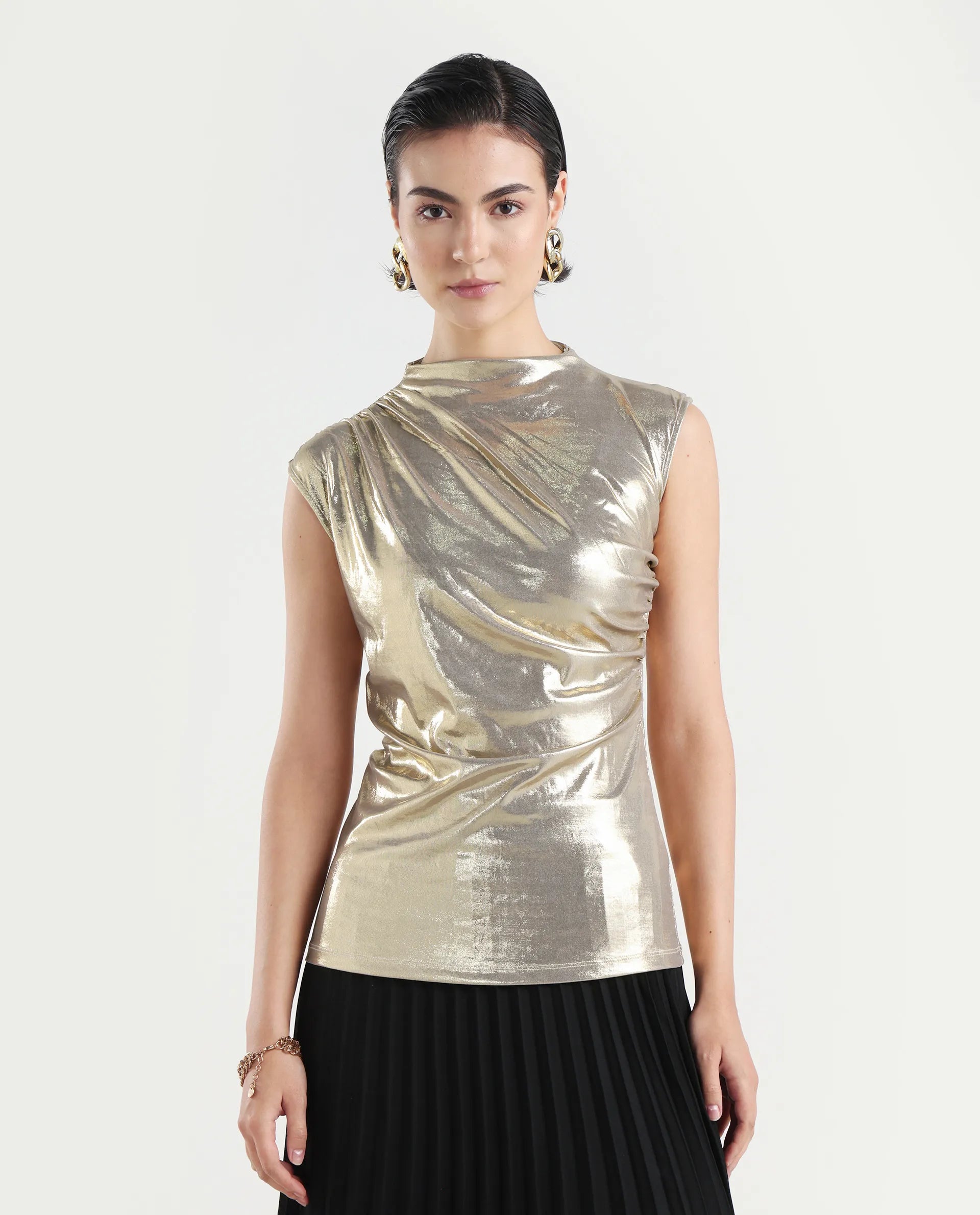 Rareism Women's Tangui Metallic Gold Polyester High Neck Plain Sleeveless Regular Fitted Top