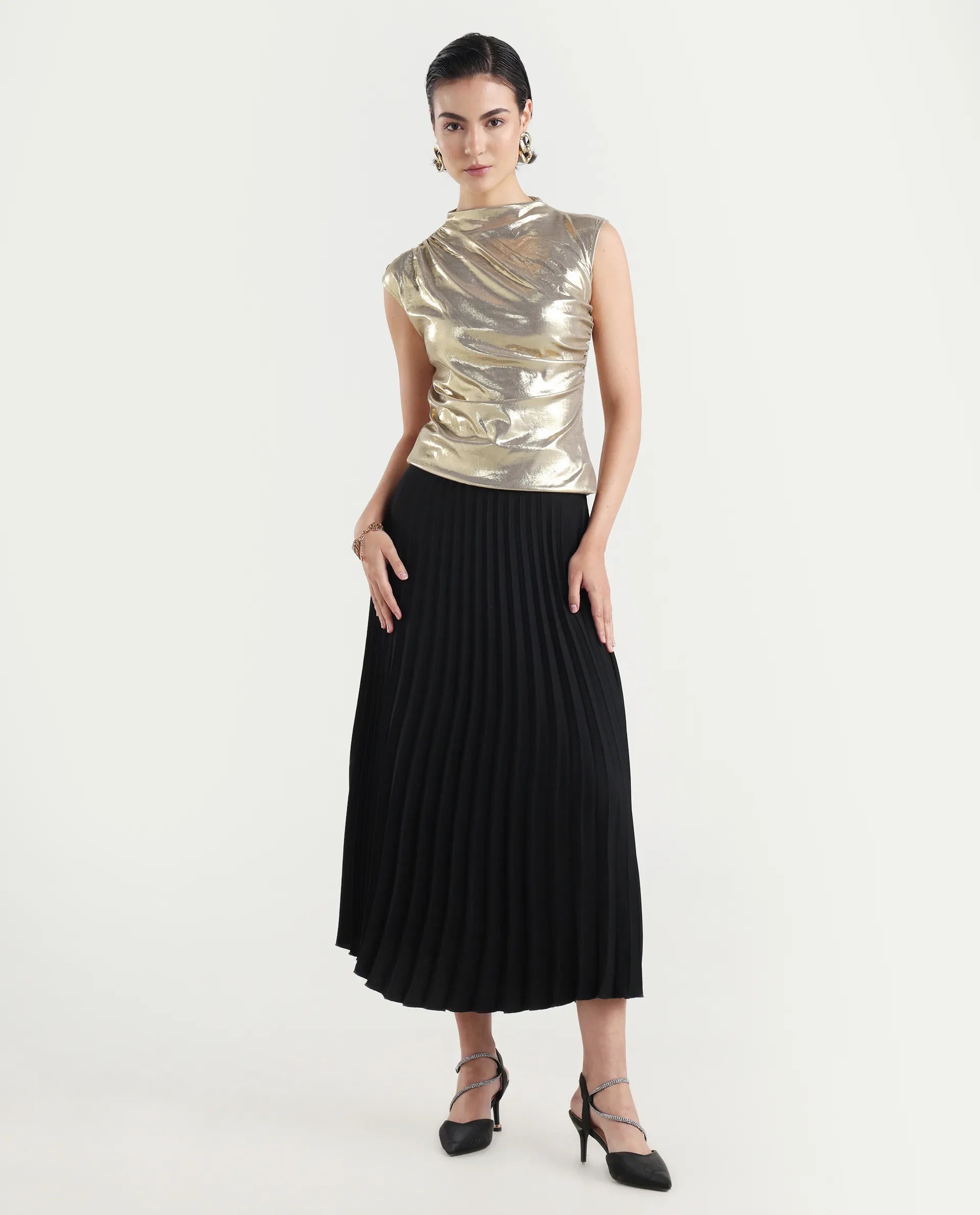 Rareism Women's Tangui Metallic Gold Polyester High Neck Plain Sleeveless Regular Fitted Top