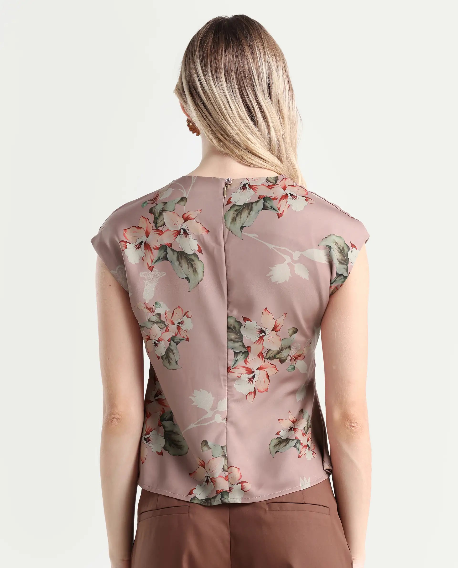 Rareism Women's Geddly Multi Satin Cowl Neck Floral Print Extended Sleeves Regular Fit Top