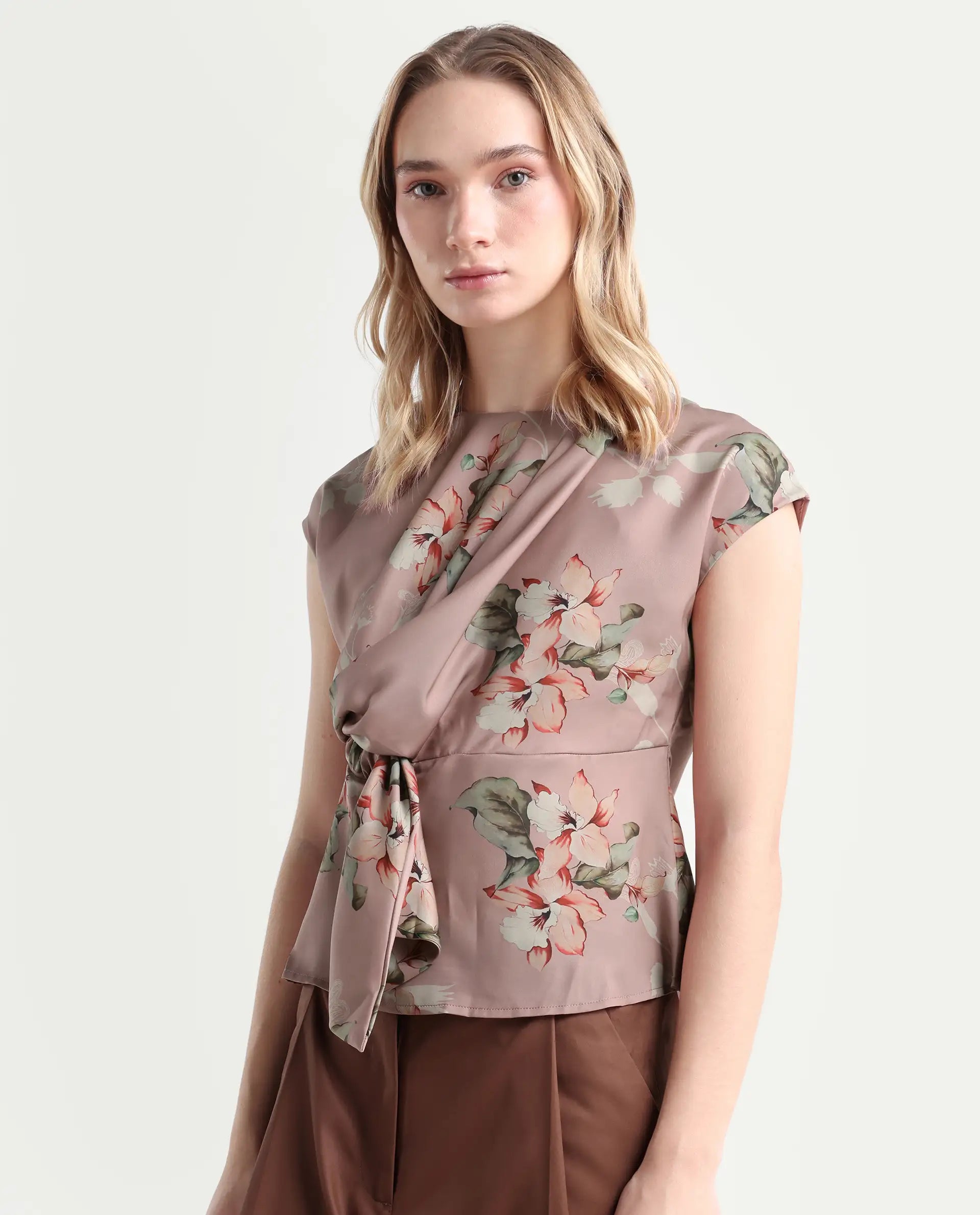 Rareism Women's Geddly Multi Satin Cowl Neck Floral Print Extended Sleeves Regular Fit Top
