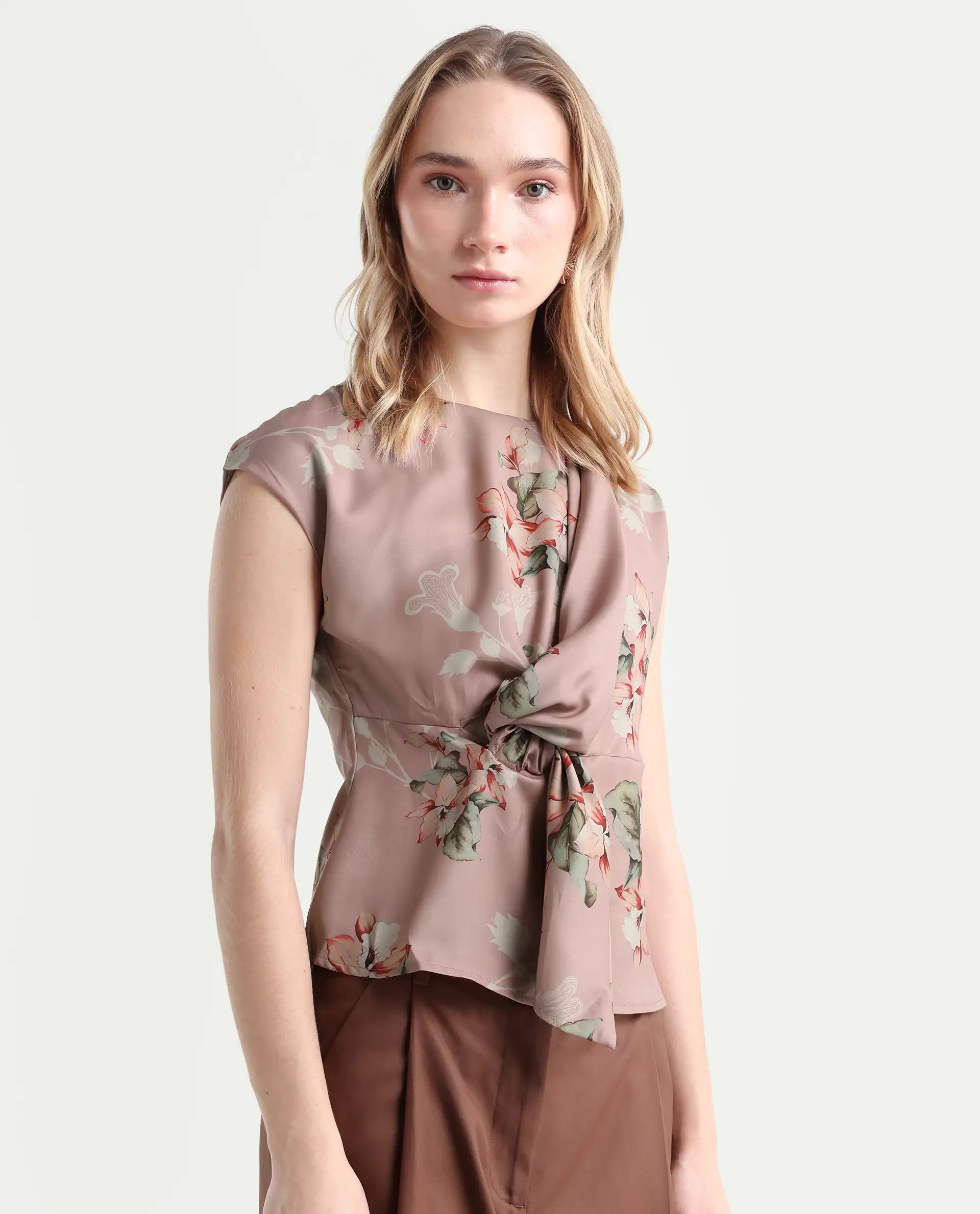 Rareism Women's Geddly Multi Satin Cowl Neck Floral Print Extended Sleeves Regular Fit Top