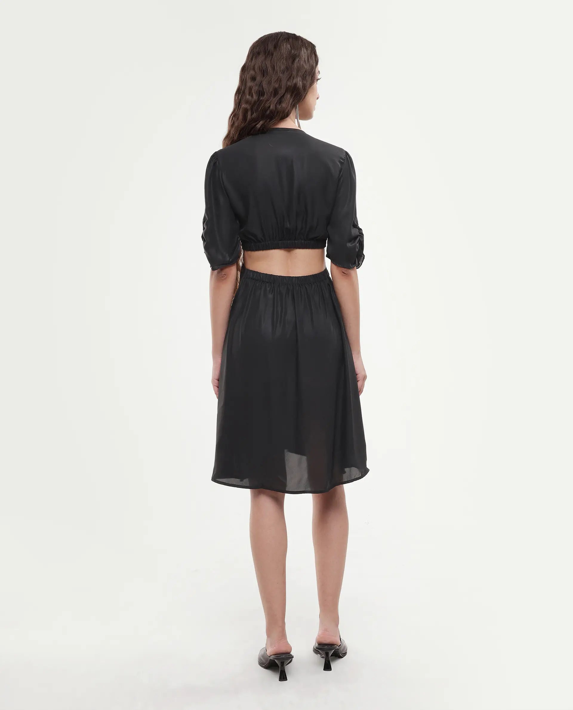 Rareism Women's Besman Black Polyester V-Neck Plain Balloon Sleeve Knee Length Fit And Flare Dress