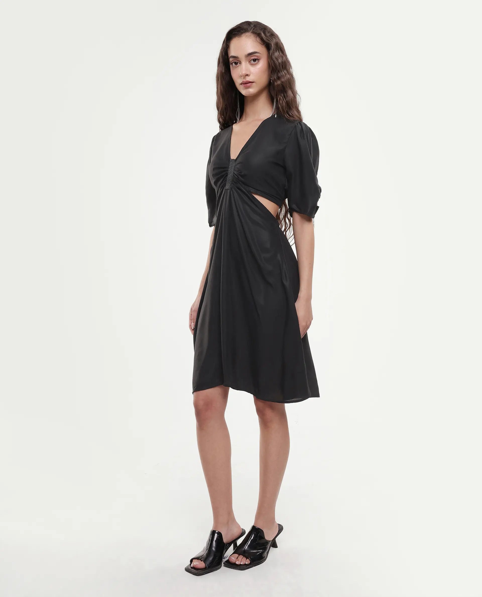 Rareism Women's Besman Black Polyester V-Neck Plain Balloon Sleeve Knee Length Fit And Flare Dress