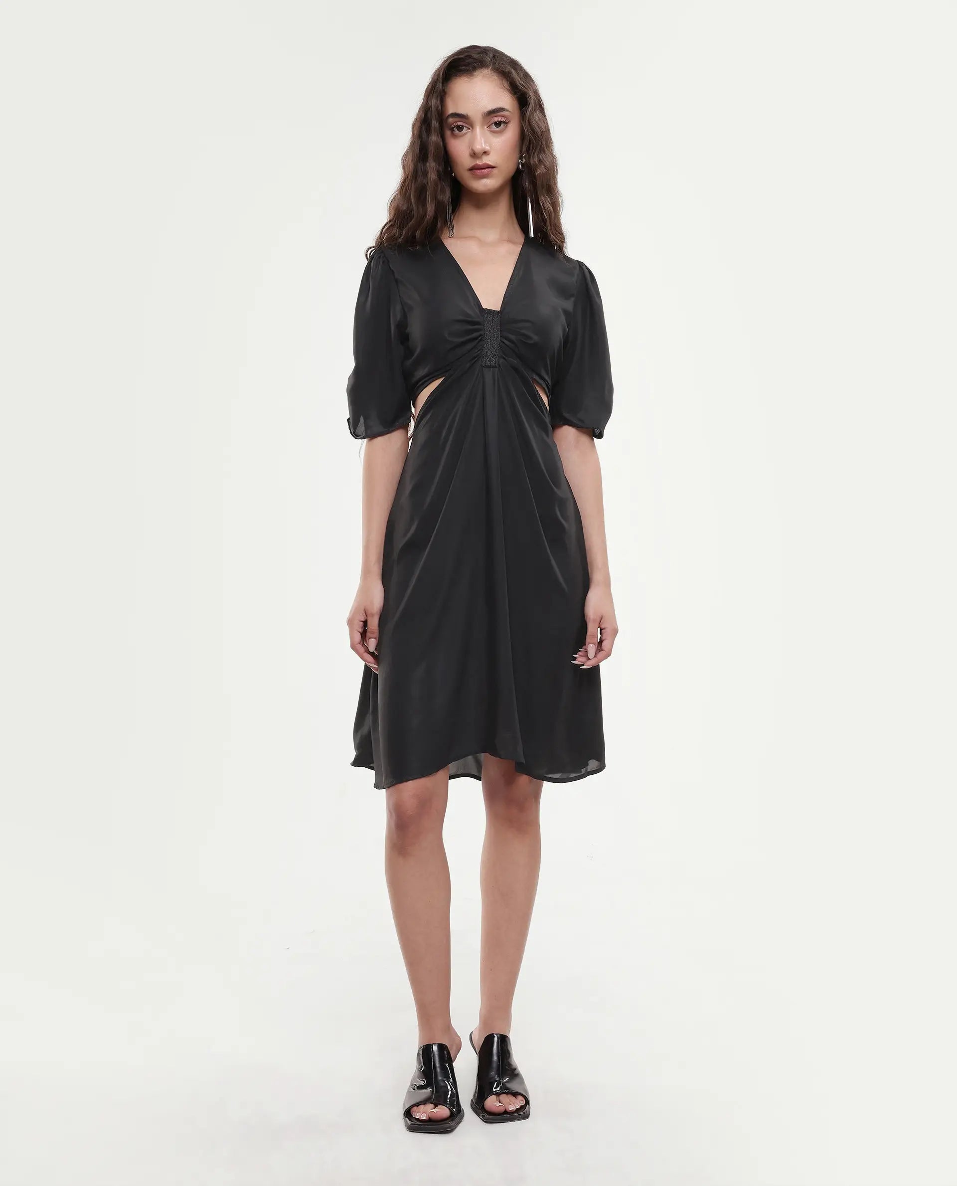 Rareism Women's Besman Black Polyester V-Neck Plain Balloon Sleeve Knee Length Fit And Flare Dress
