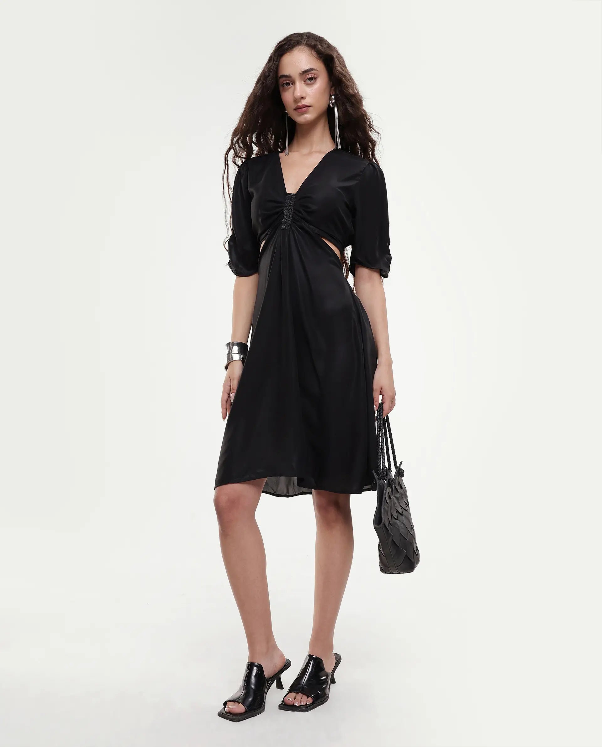 Rareism Women's Besman Black Polyester V-Neck Plain Balloon Sleeve Knee Length Fit And Flare Dress