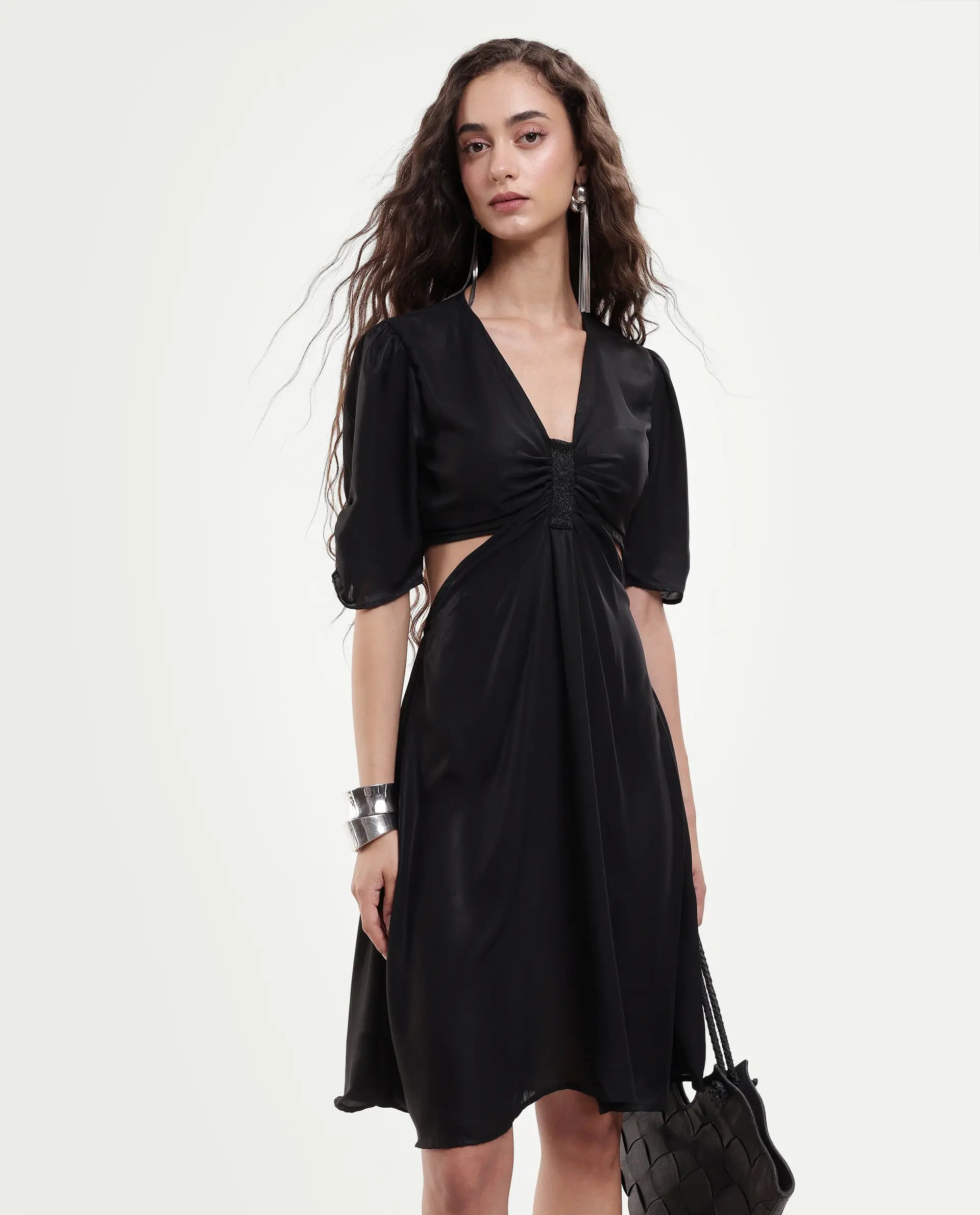 Rareism Women's Besman Black Polyester V-Neck Plain Balloon Sleeve Knee Length Fit And Flare Dress