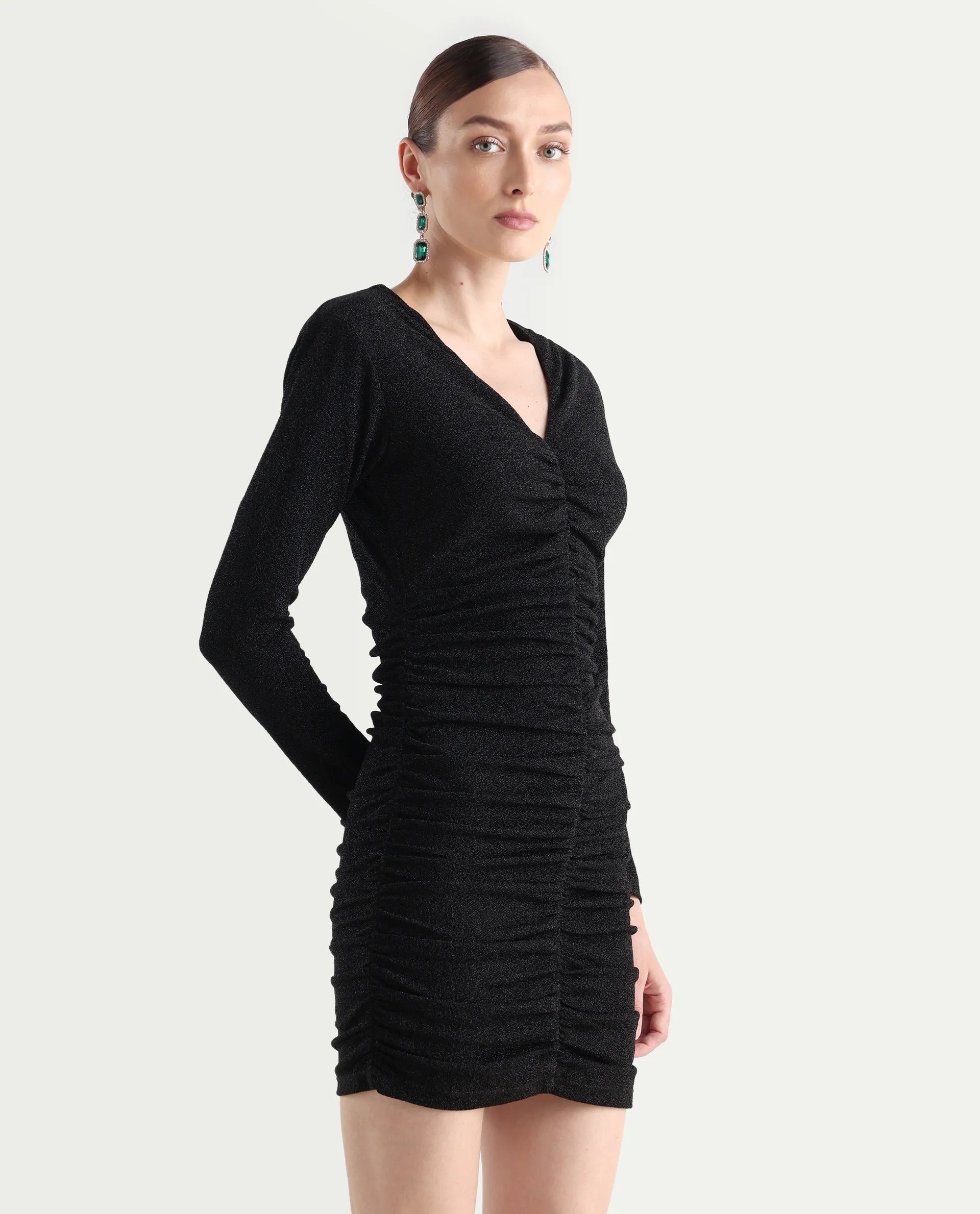 Rareism Women's Amasya Black Polyester V-Neck Plain Knee Length Fitted Dress